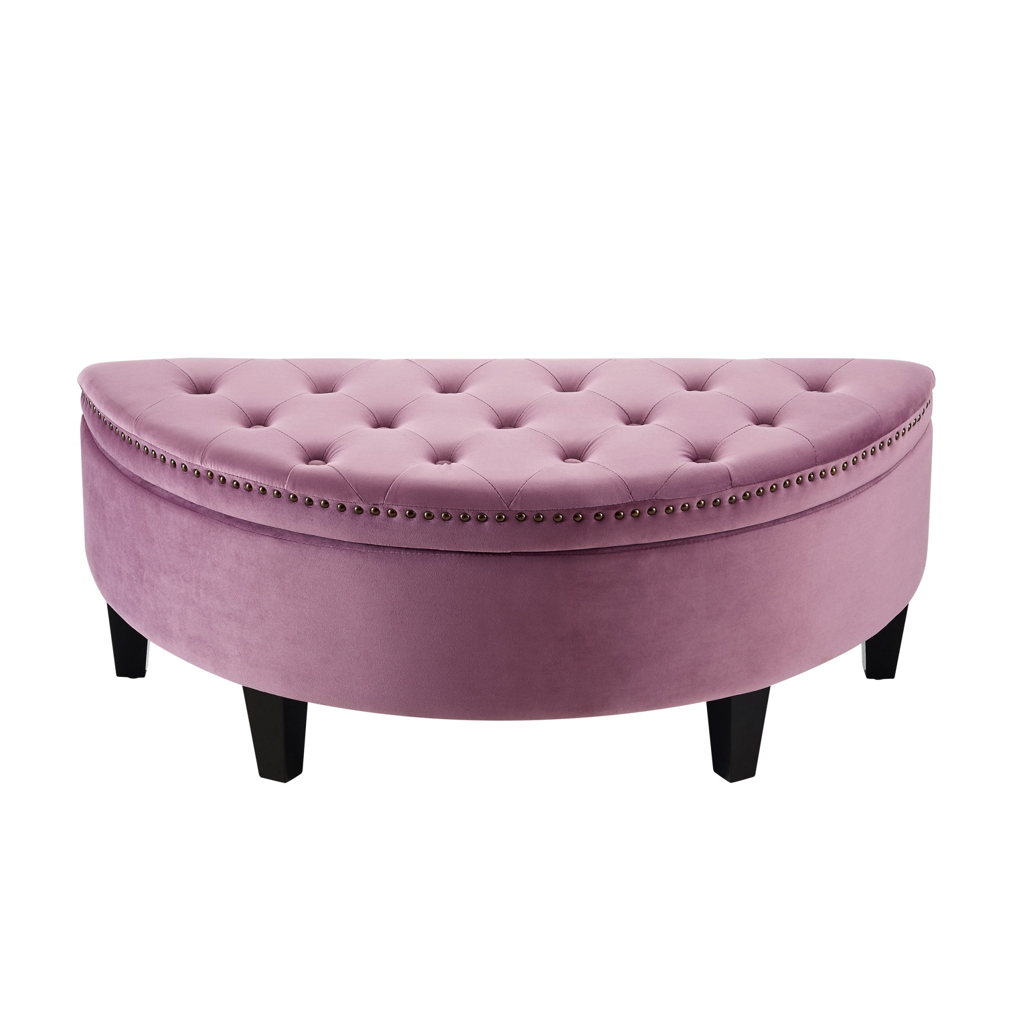 44" Mauve Velvet And Black Tufted Half Circle Storage Ottoman