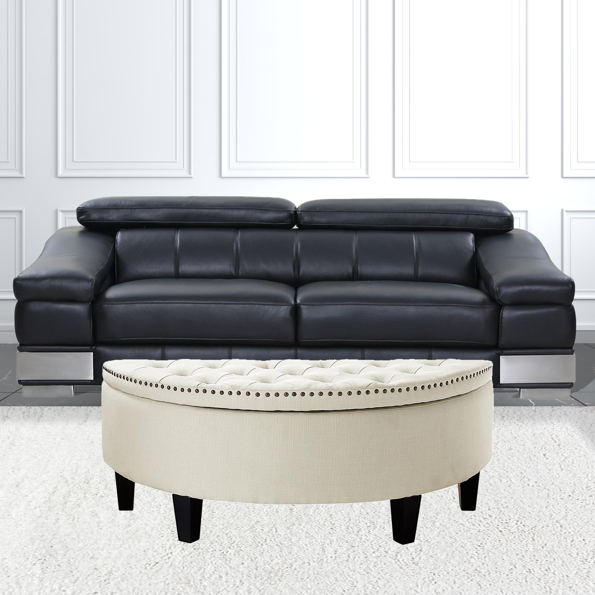 44" White Linen And Black Tufted Half Circle Storage Ottoman