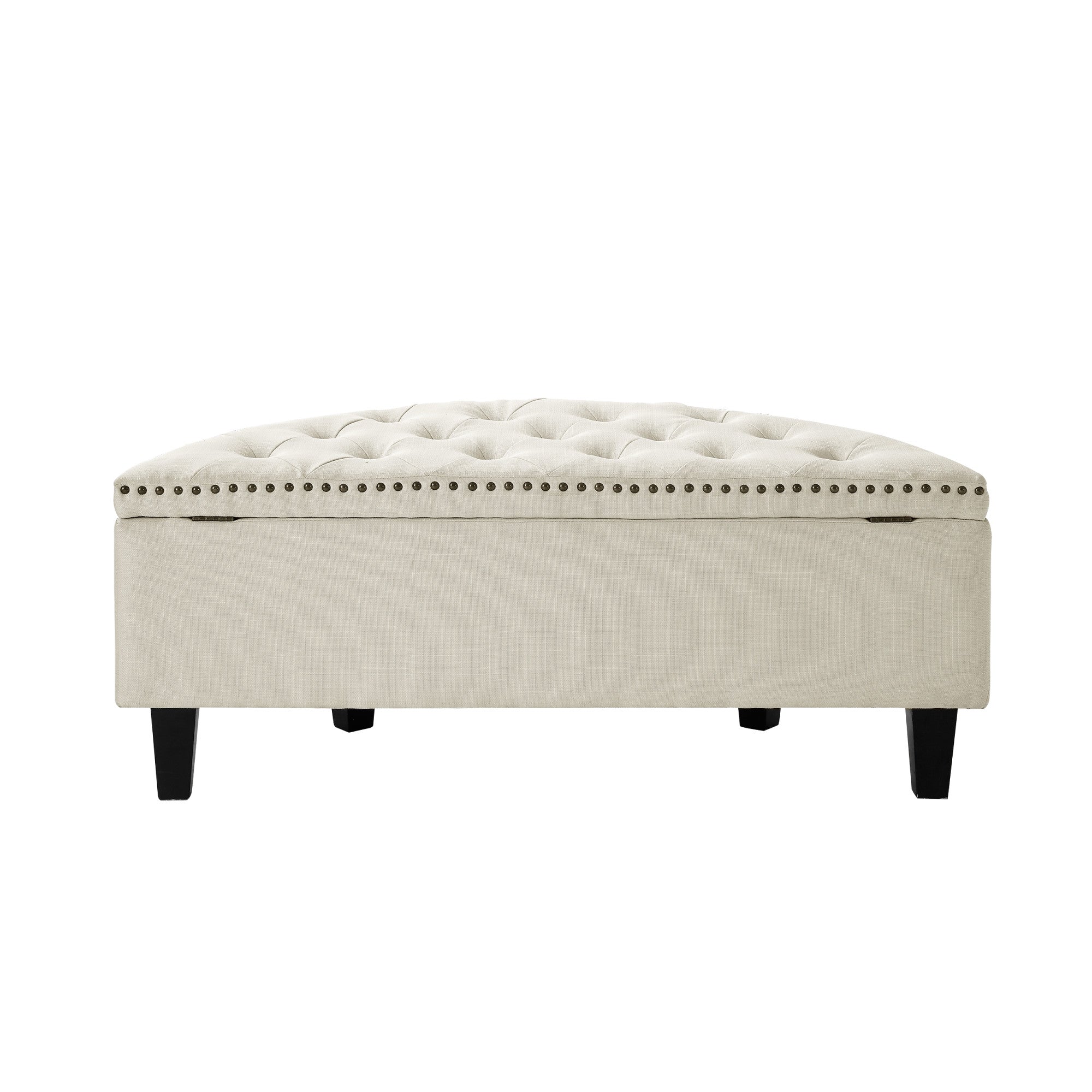 44" White Linen And Black Tufted Half Circle Storage Ottoman
