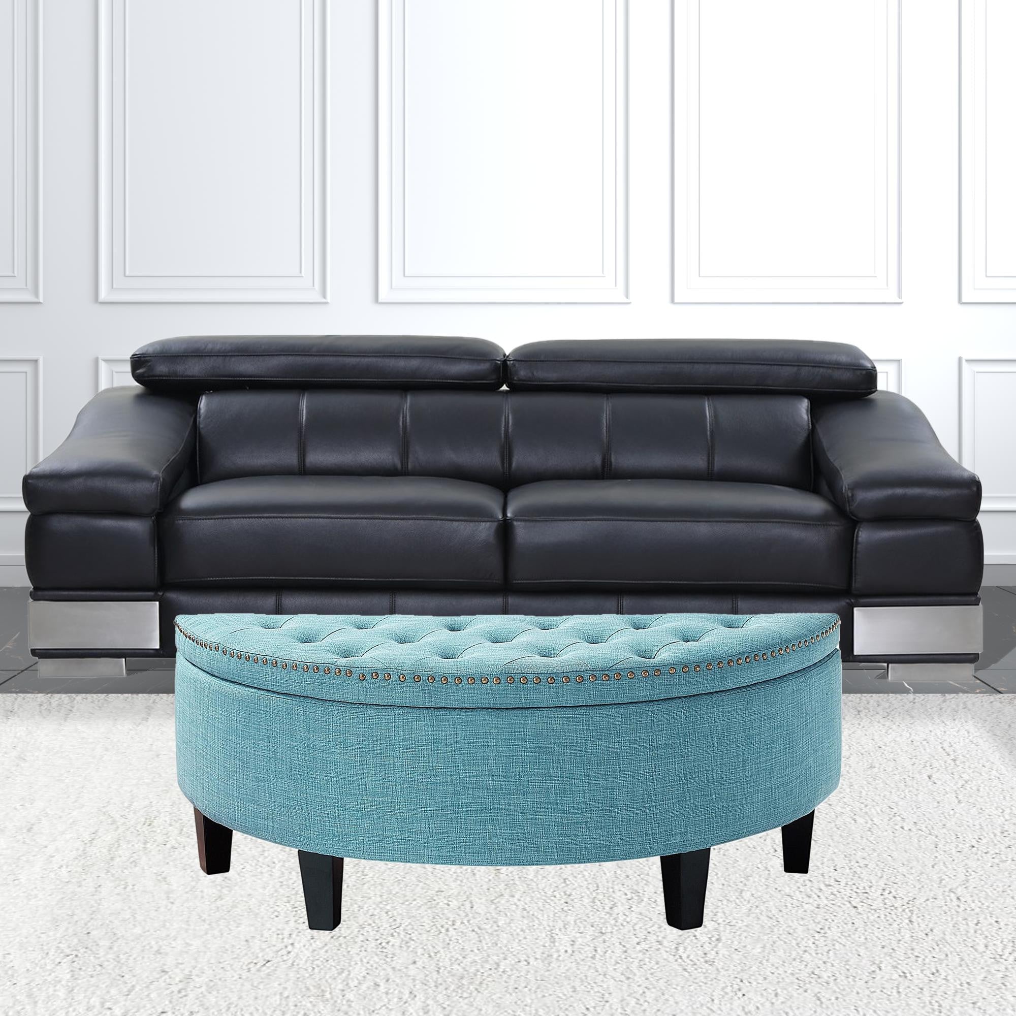 44" Light Blue Linen And Black Tufted Half Circle Storage