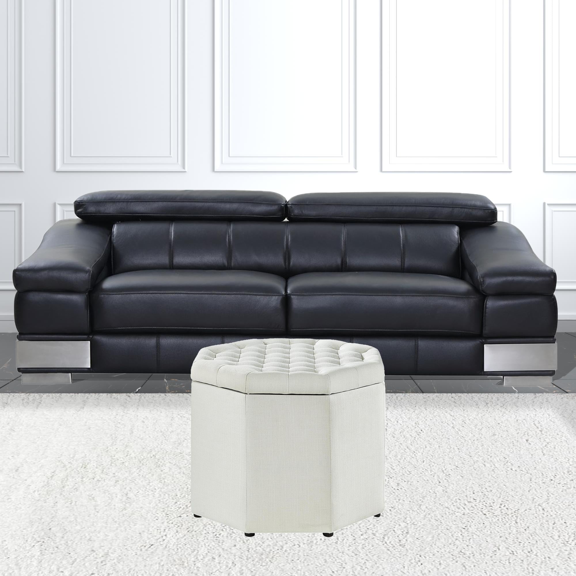 Otomana de almacenamiento especial capitoné negro y lino blanco de 25"