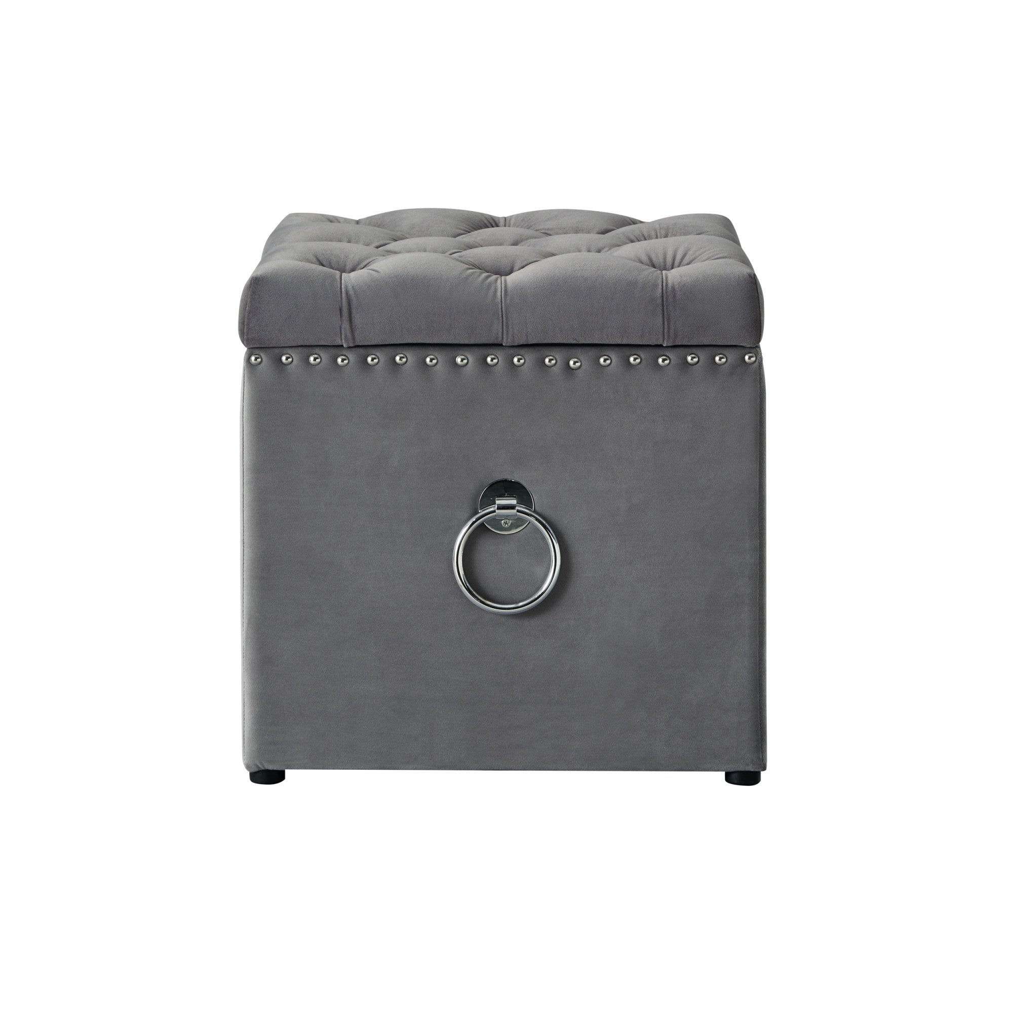 18" Gray Velvet And Black Tufted Storage