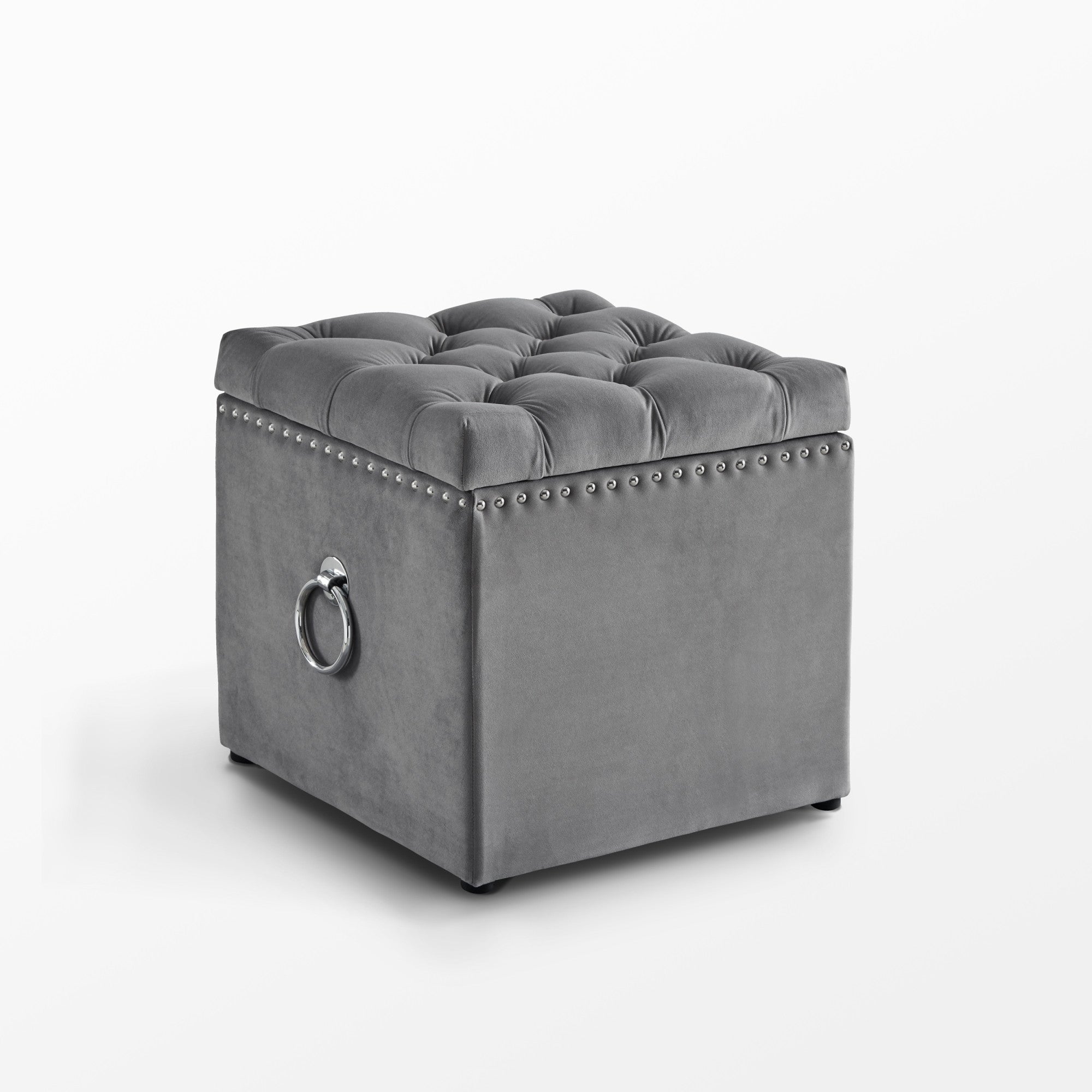 18" Gray Velvet And Black Tufted Storage