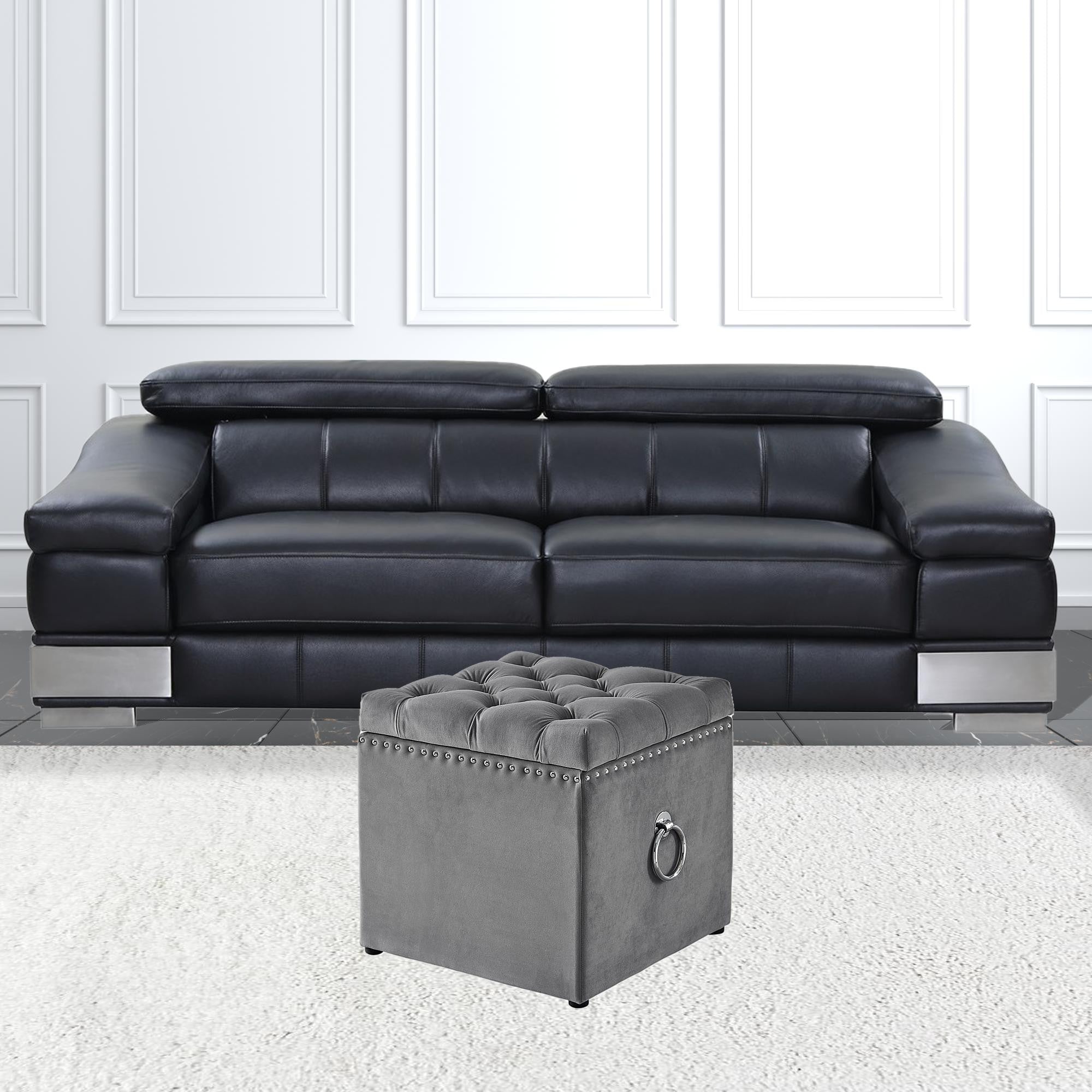 18" Gray Velvet And Black Tufted Storage