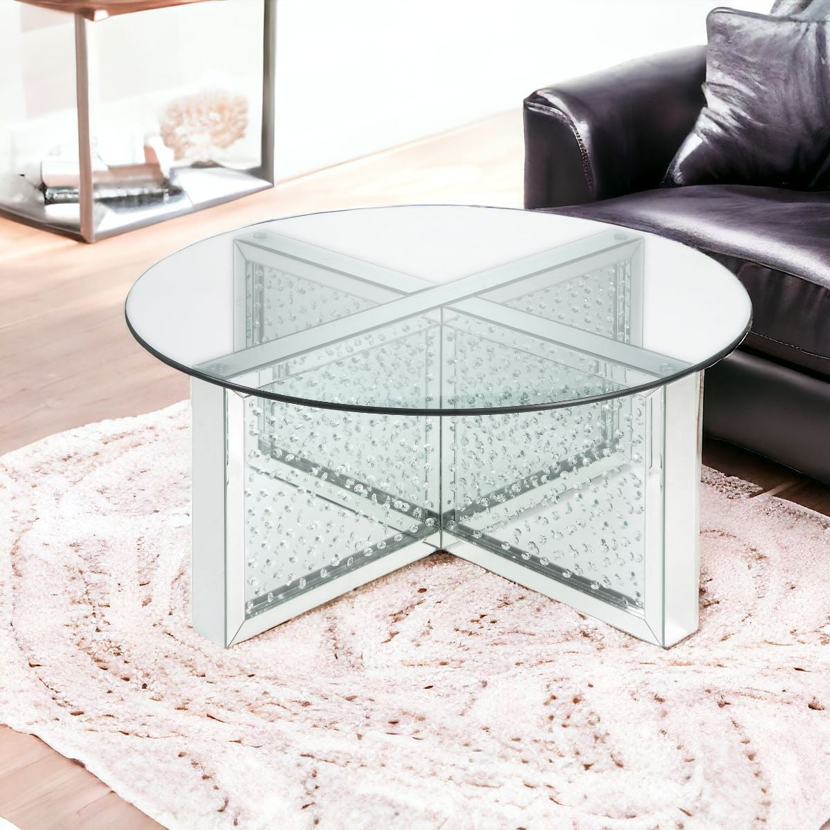 40" Silver And Clear Glass Round Top Bling Base Coffee Table