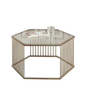 34" Champagne And Clear Glass And Metal Hexagon Coffee Table