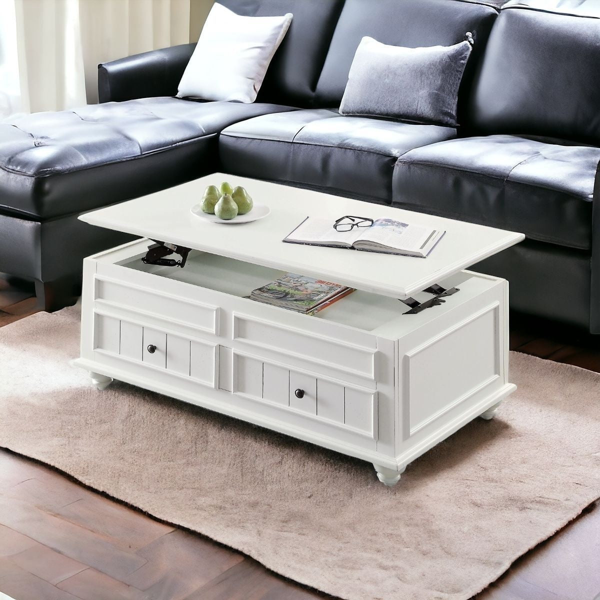 White Washed Veneer And Solid Wood Lift Top Coffee Table With Two Drawers 48"
