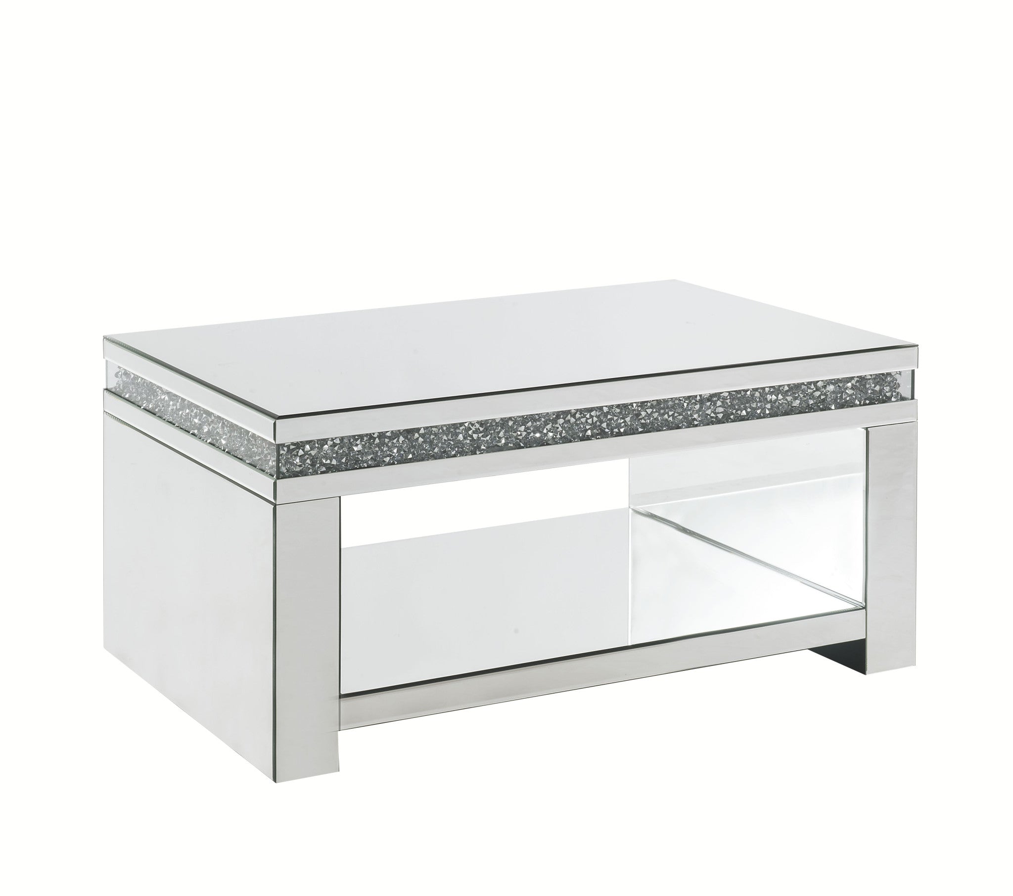 32" Silver And Clear Glass With Bling Rectangle Mirrored Coffee Table