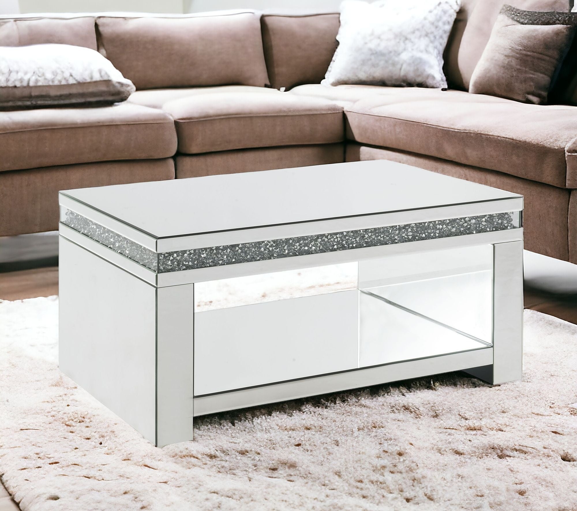 32" Silver And Clear Glass With Bling Rectangle Mirrored Coffee Table