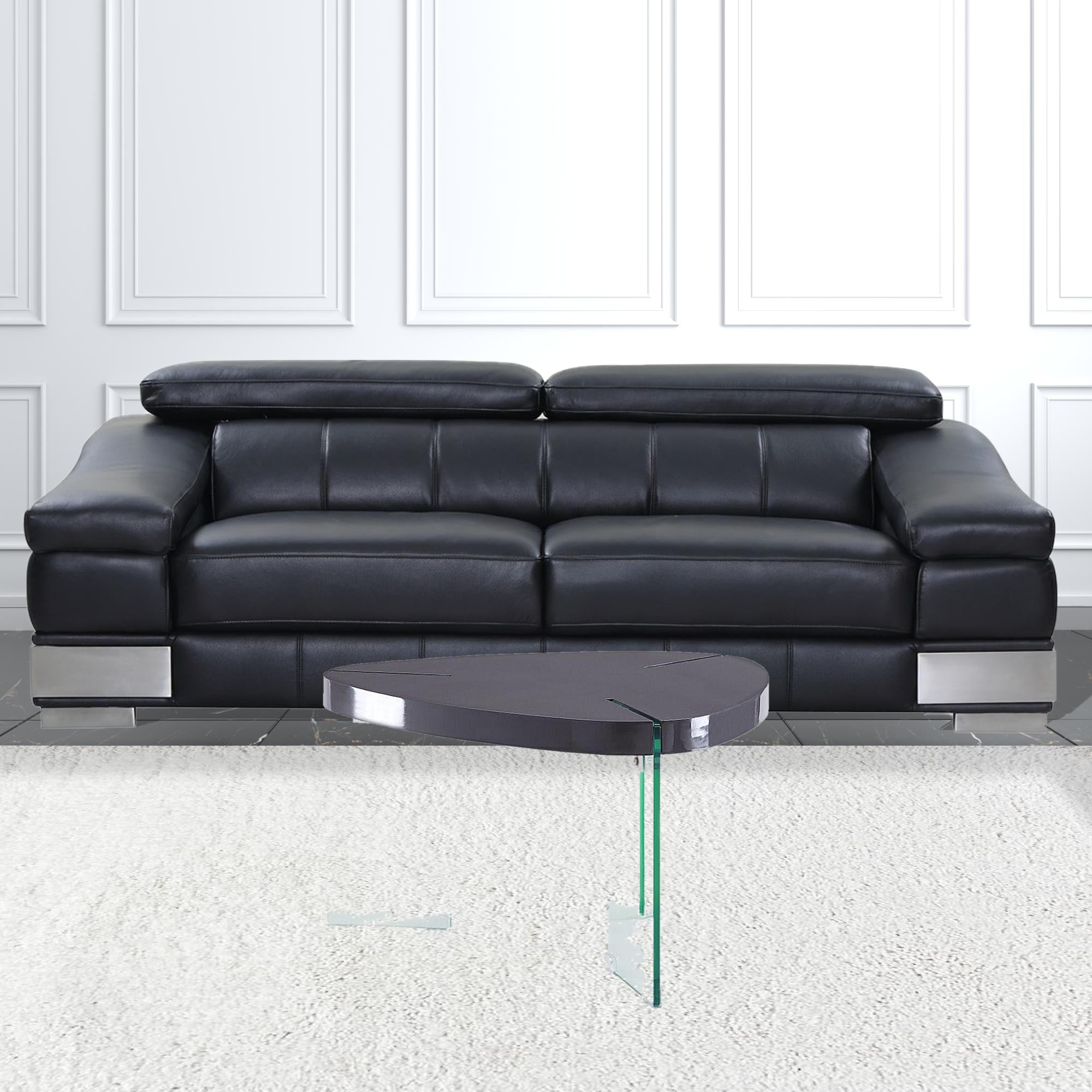 31 英寸透明玻璃和灰色高光木三角咖啡桌