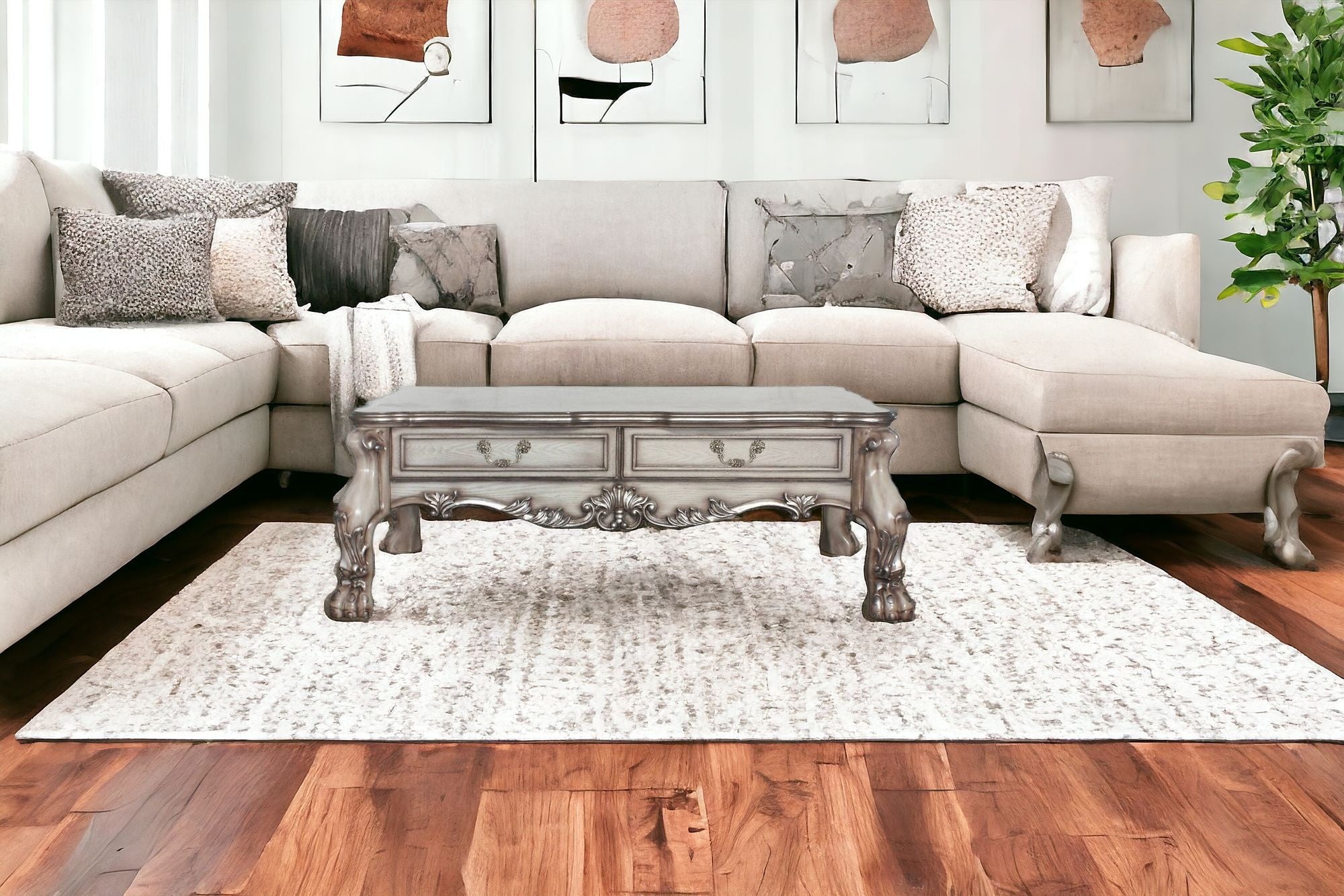 57" Vintage Bone White Solid Wood And Polyresin Rectangular Coffee Table With Two Drawers