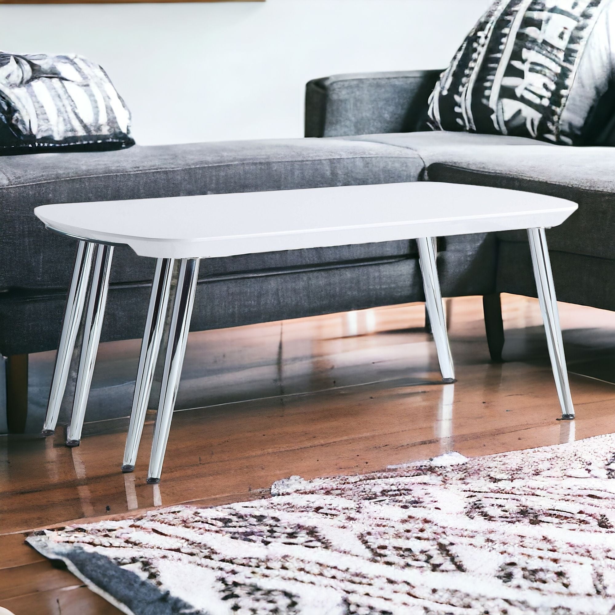 28" Chrome And White Glass Manufactured Wood And Metal Free Form Coffee Table