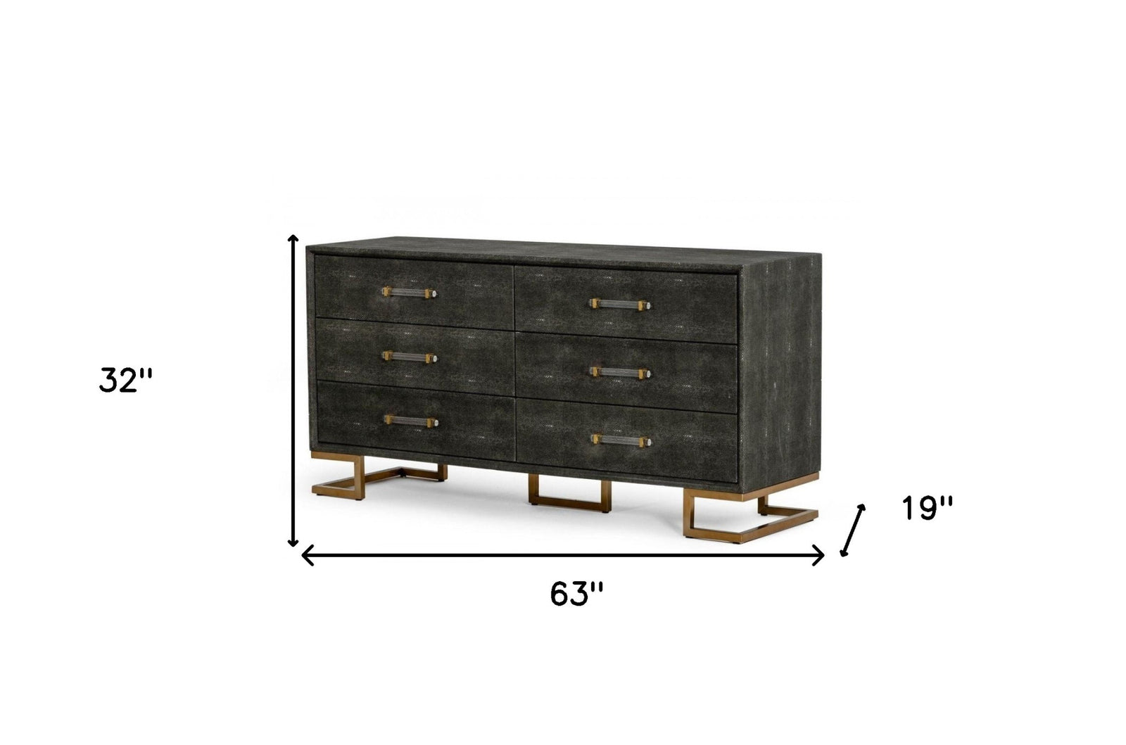 63" Grey Shagreen Faux Leather And Gold Six Drawer Double Dresser