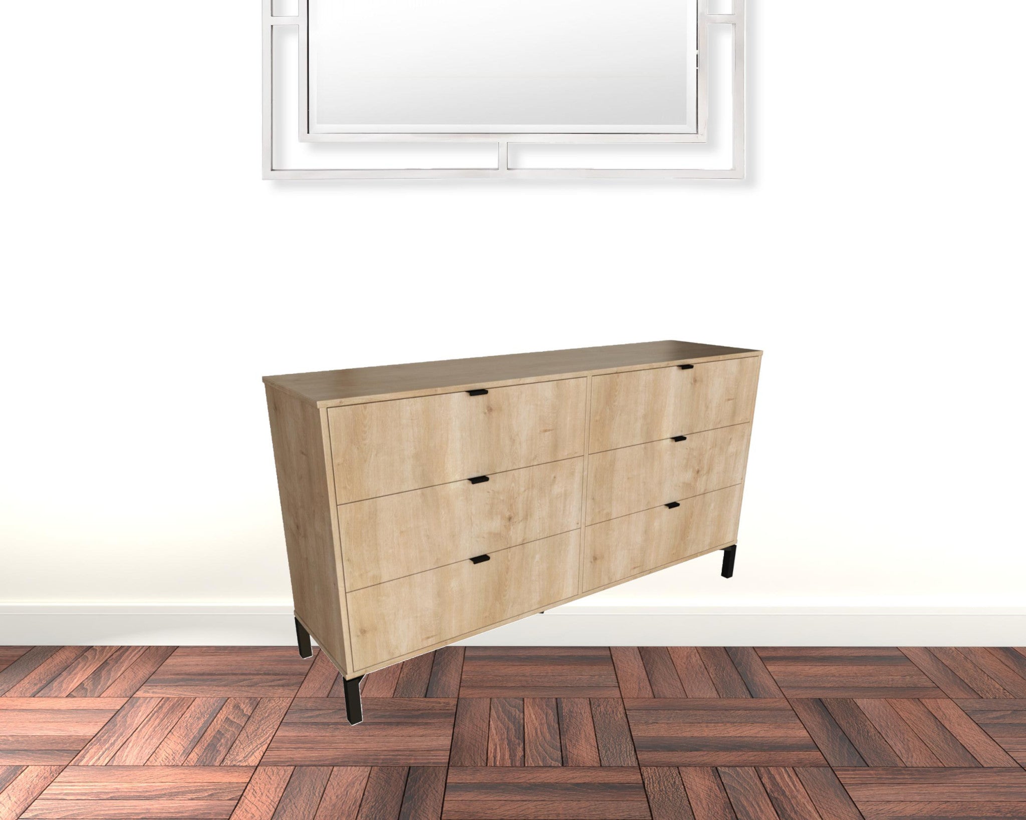 59" Light Natural Manufactured Wood with Black Six Drawer Double Dresser