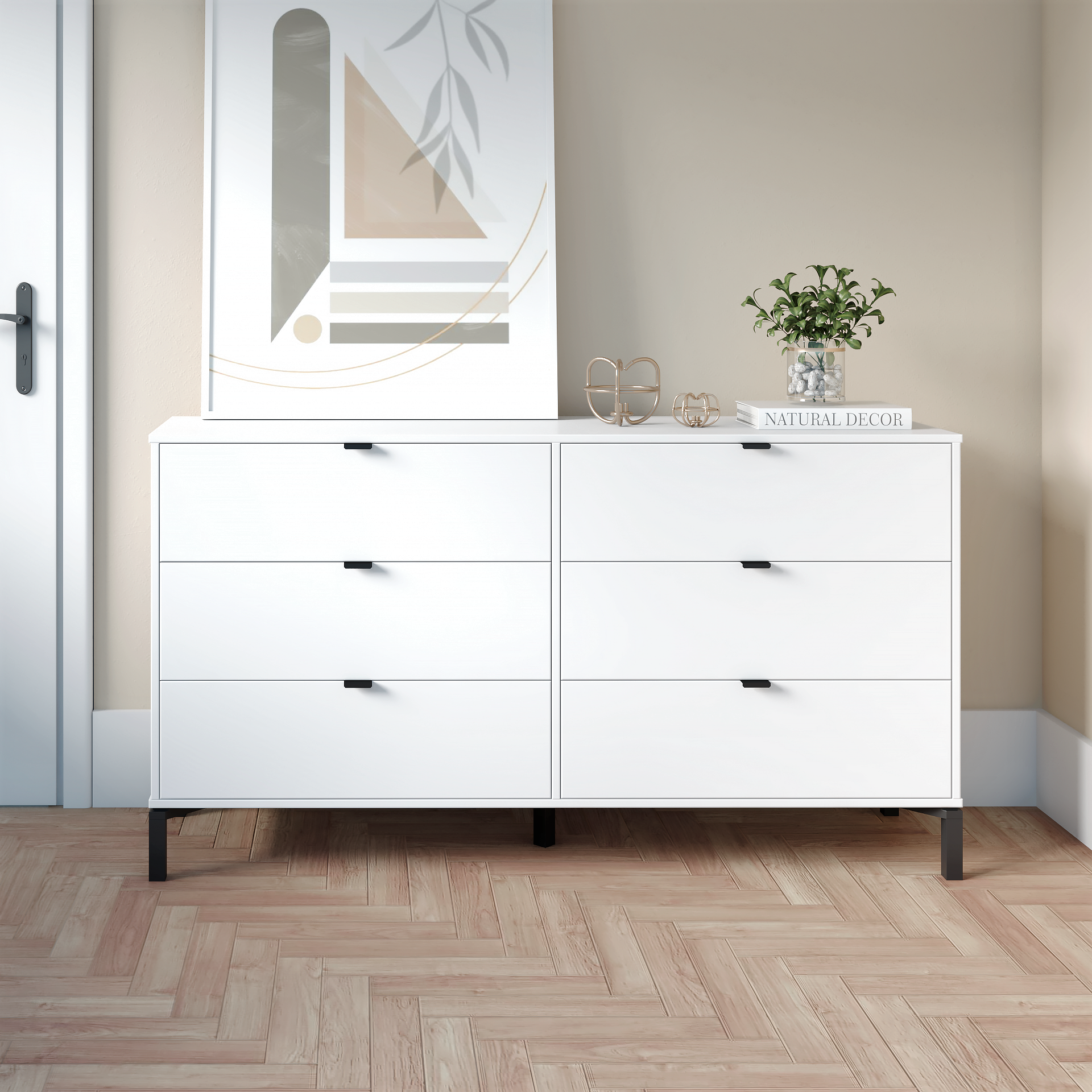 White and Black Six Drawer Double Dresser 59"