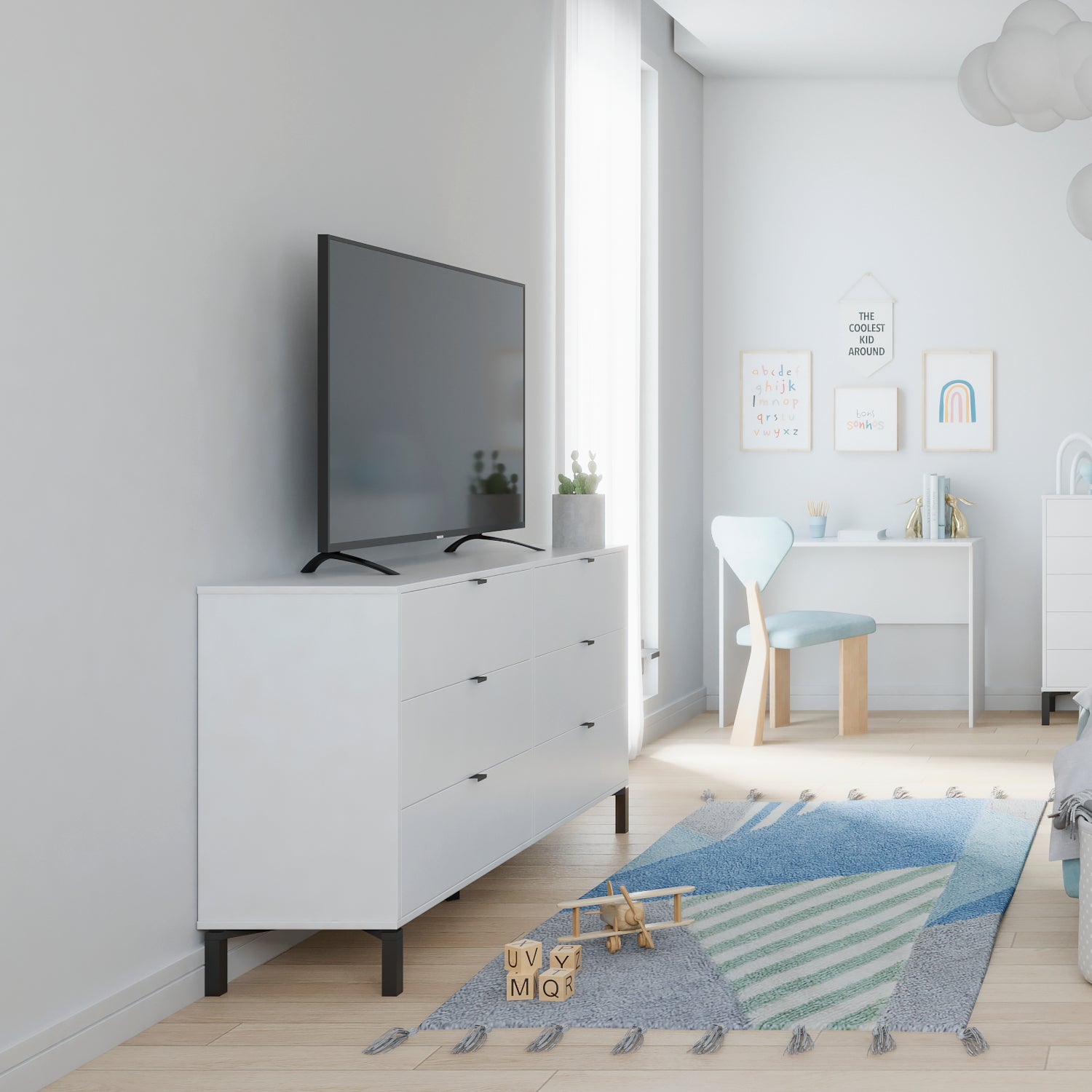 White and Black Six Drawer Double Dresser 59"