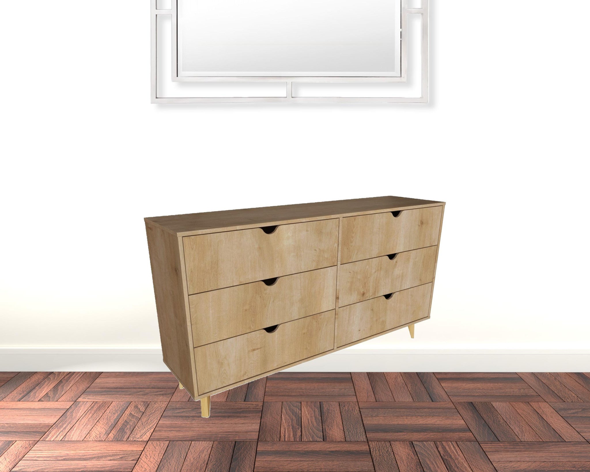 59" Natural Scoop Handle Six Drawer Double Dresser