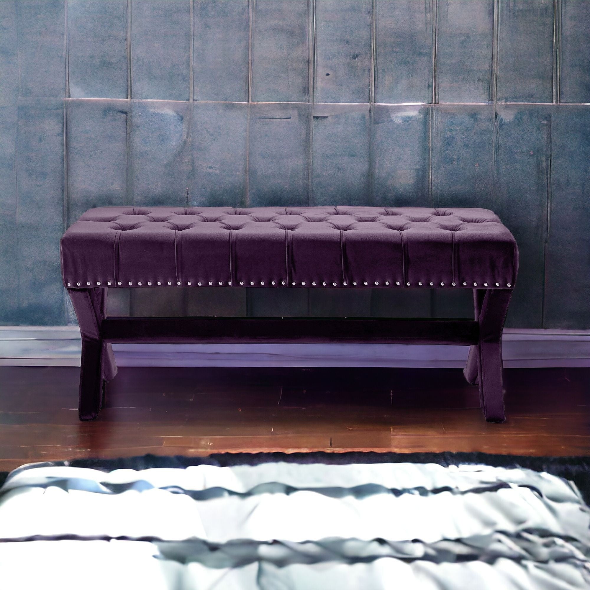 20" Purple And Plum Upholstered Velvet Bedroom Bench