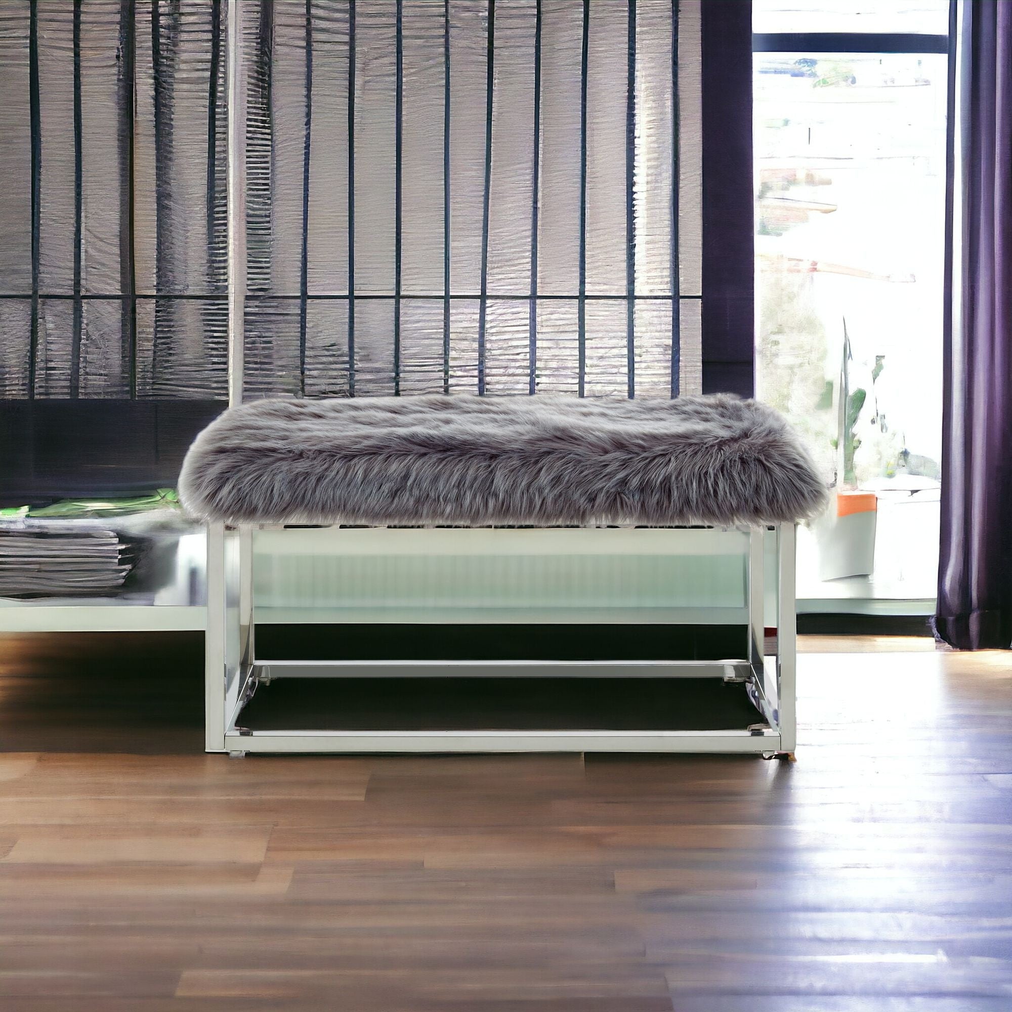 19" Grey Faux Fur and Chrome Upholstered Bench