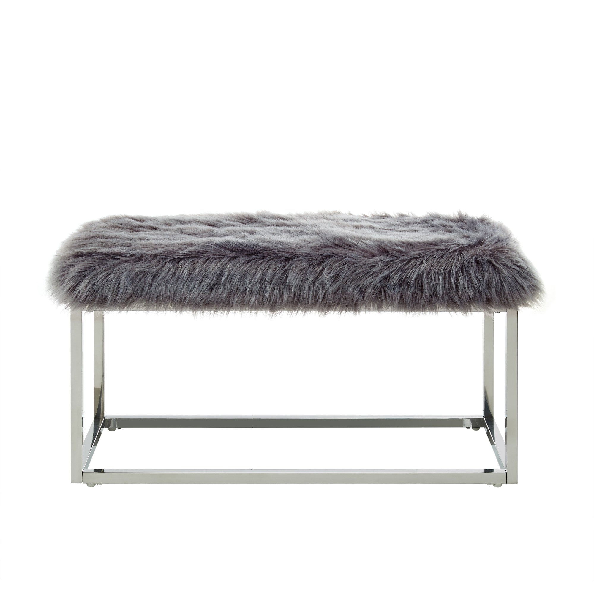 19" Grey Faux Fur and Chrome Upholstered Bench