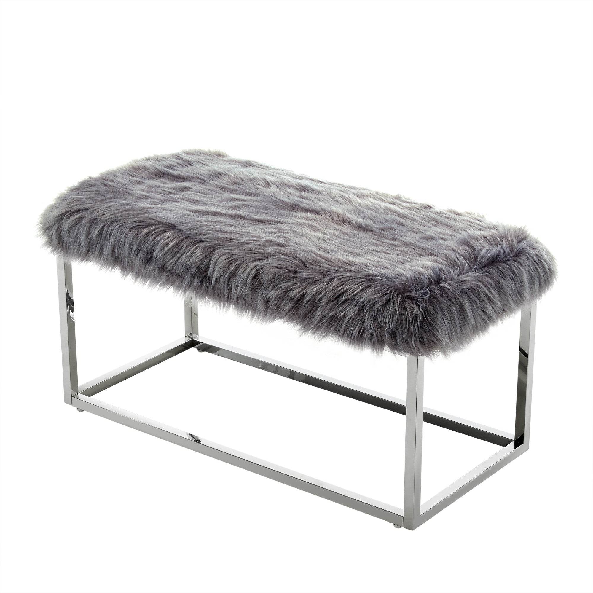 19" Grey Faux Fur and Chrome Upholstered Bench