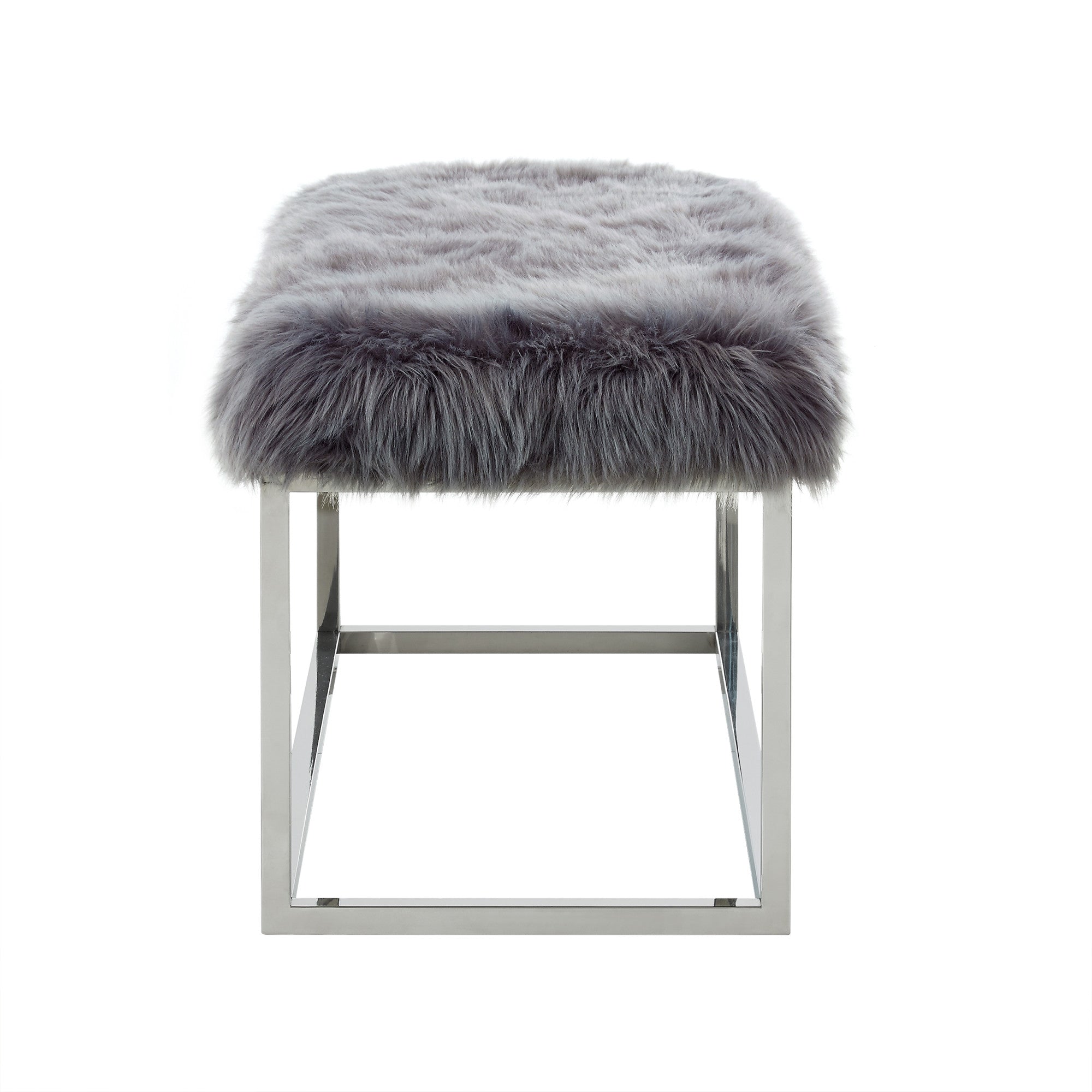 19" Grey Faux Fur and Chrome Upholstered Bench