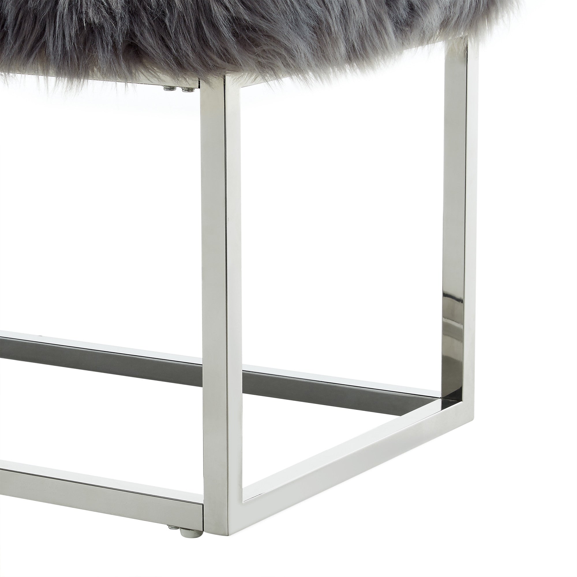 19" Grey Faux Fur and Chrome Upholstered Bench