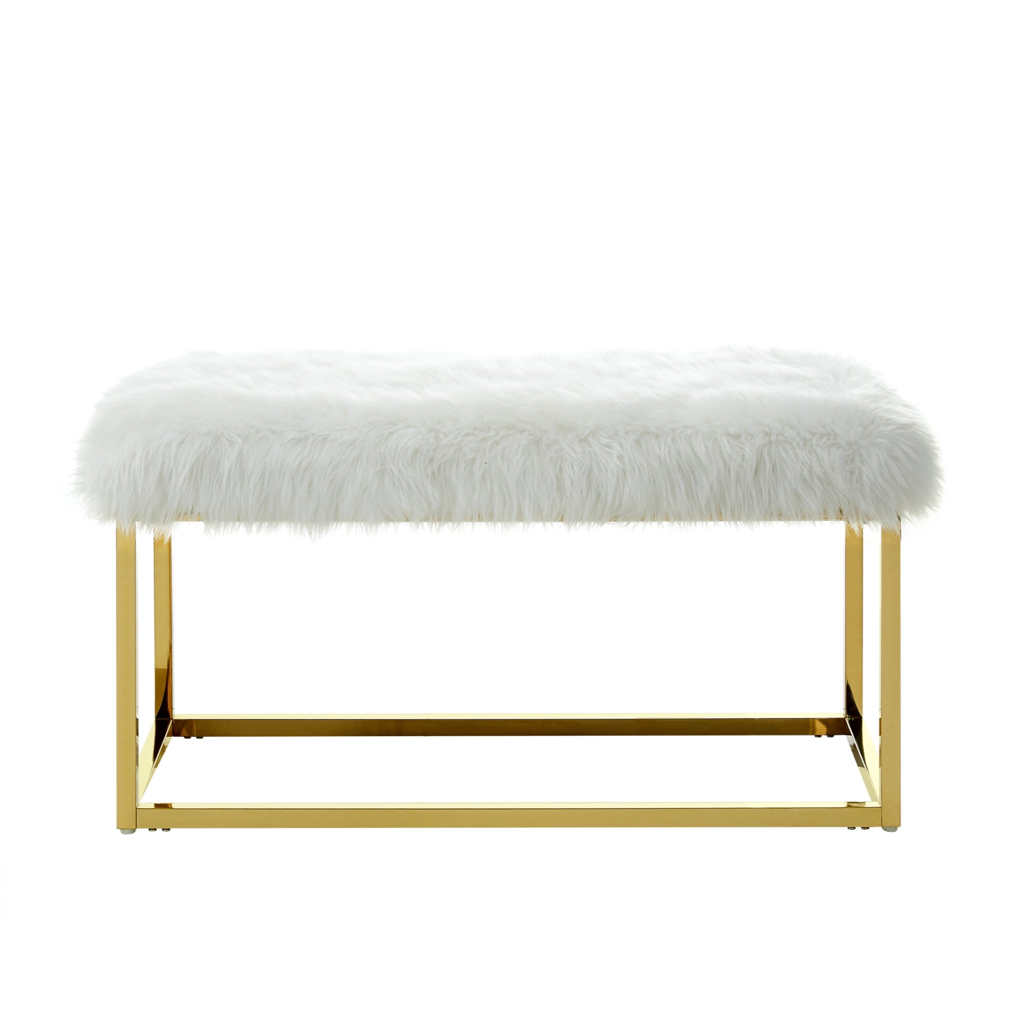 19" White Faux Fur and Gold Upholstered Bench