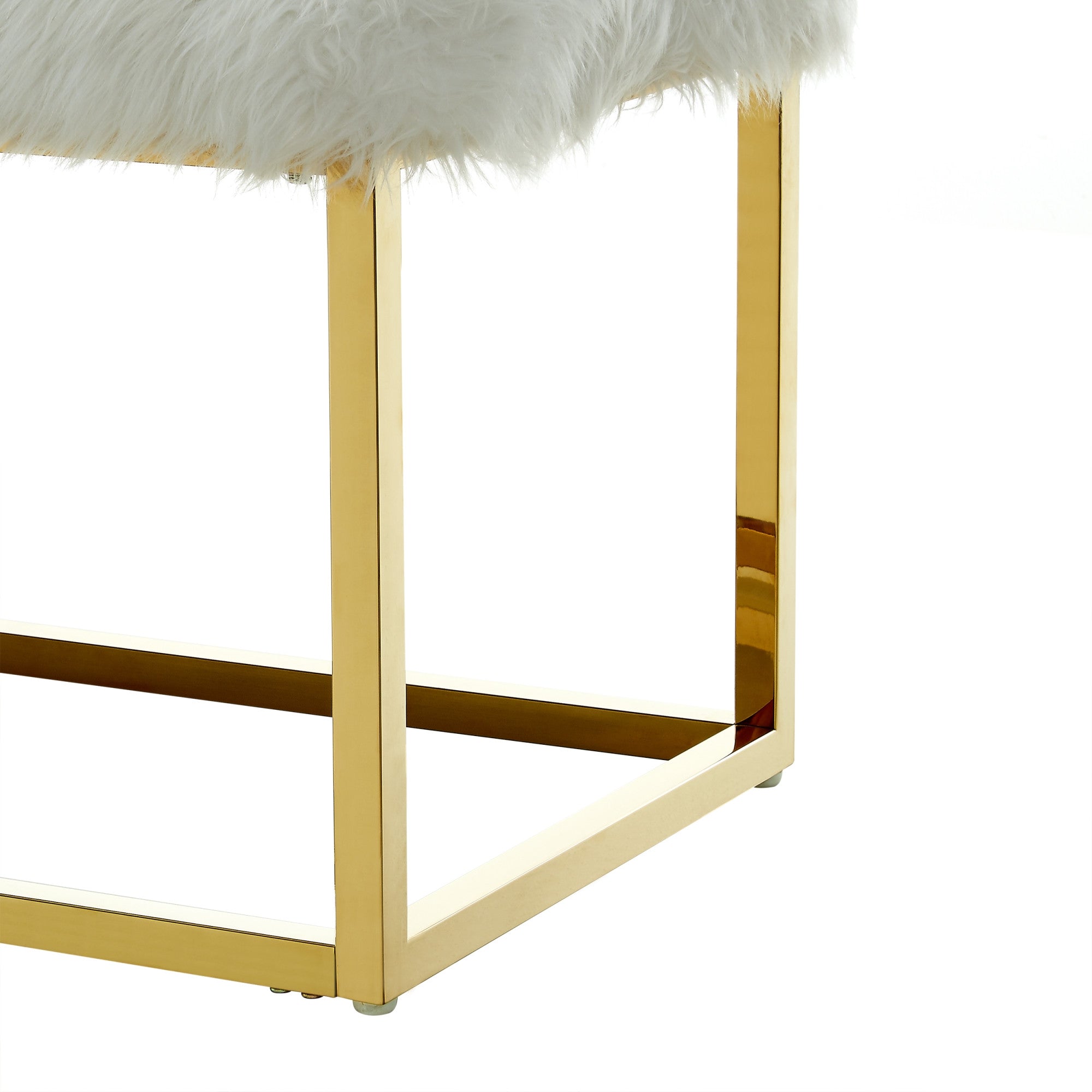 19" White Faux Fur and Gold Upholstered Bench