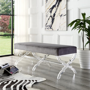 48" Gray And Clear Upholstered Velvet Bench