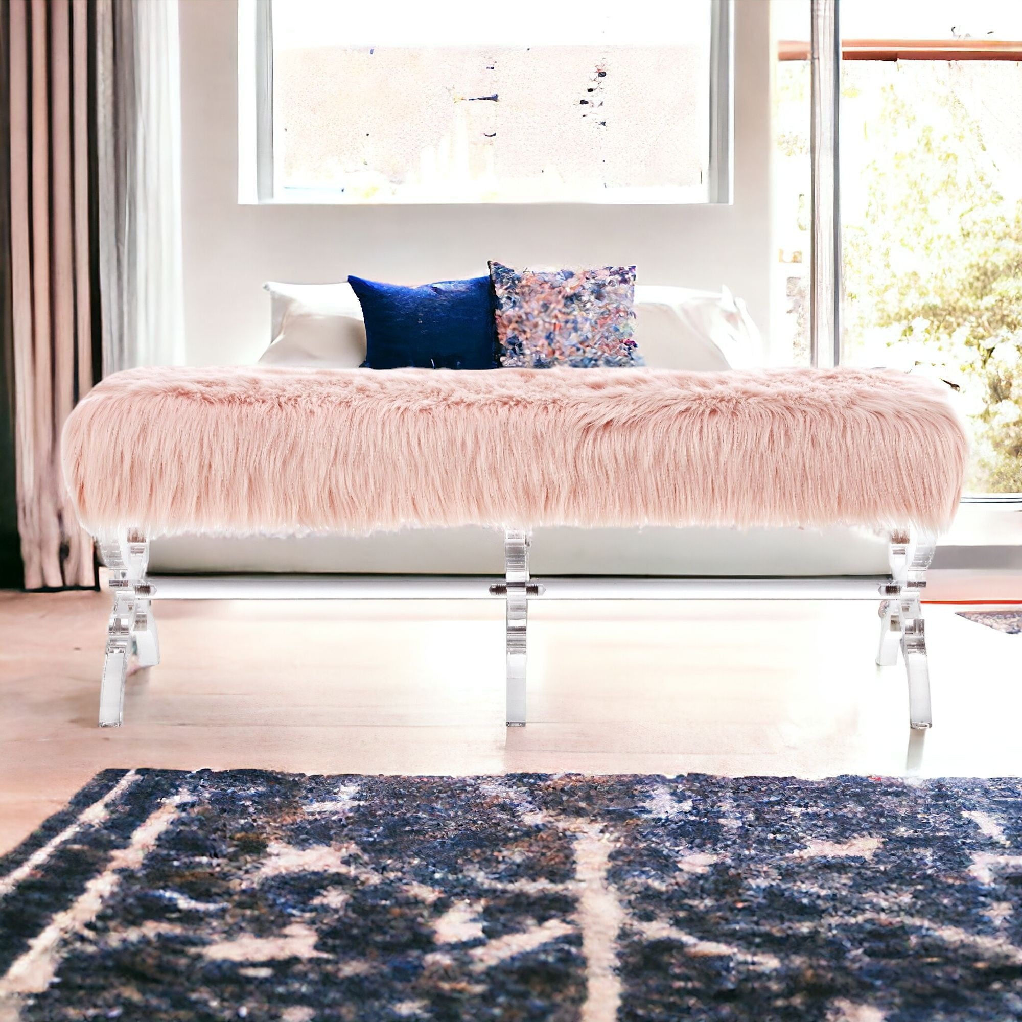 48" Rose And Clear Upholstered Faux Fur Bench