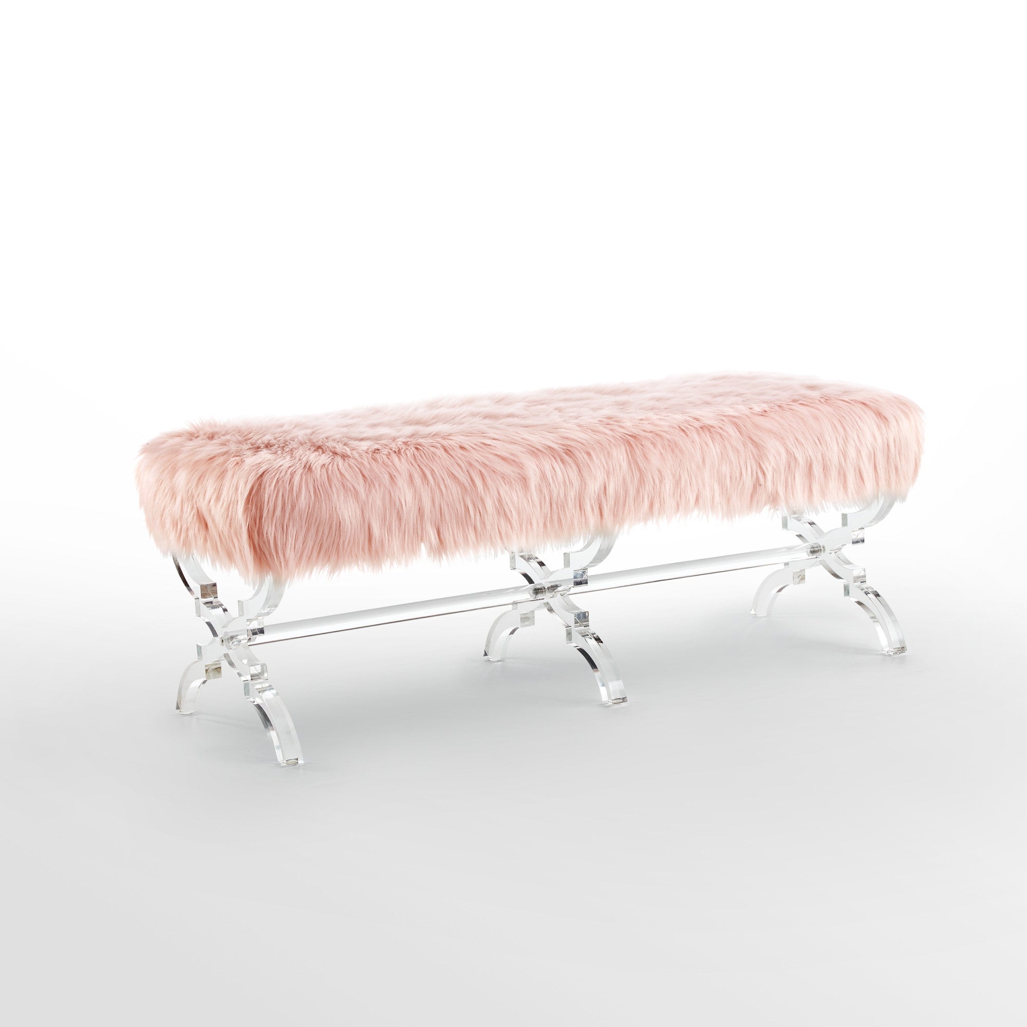 48" Rose And Clear Upholstered Faux Fur Bench