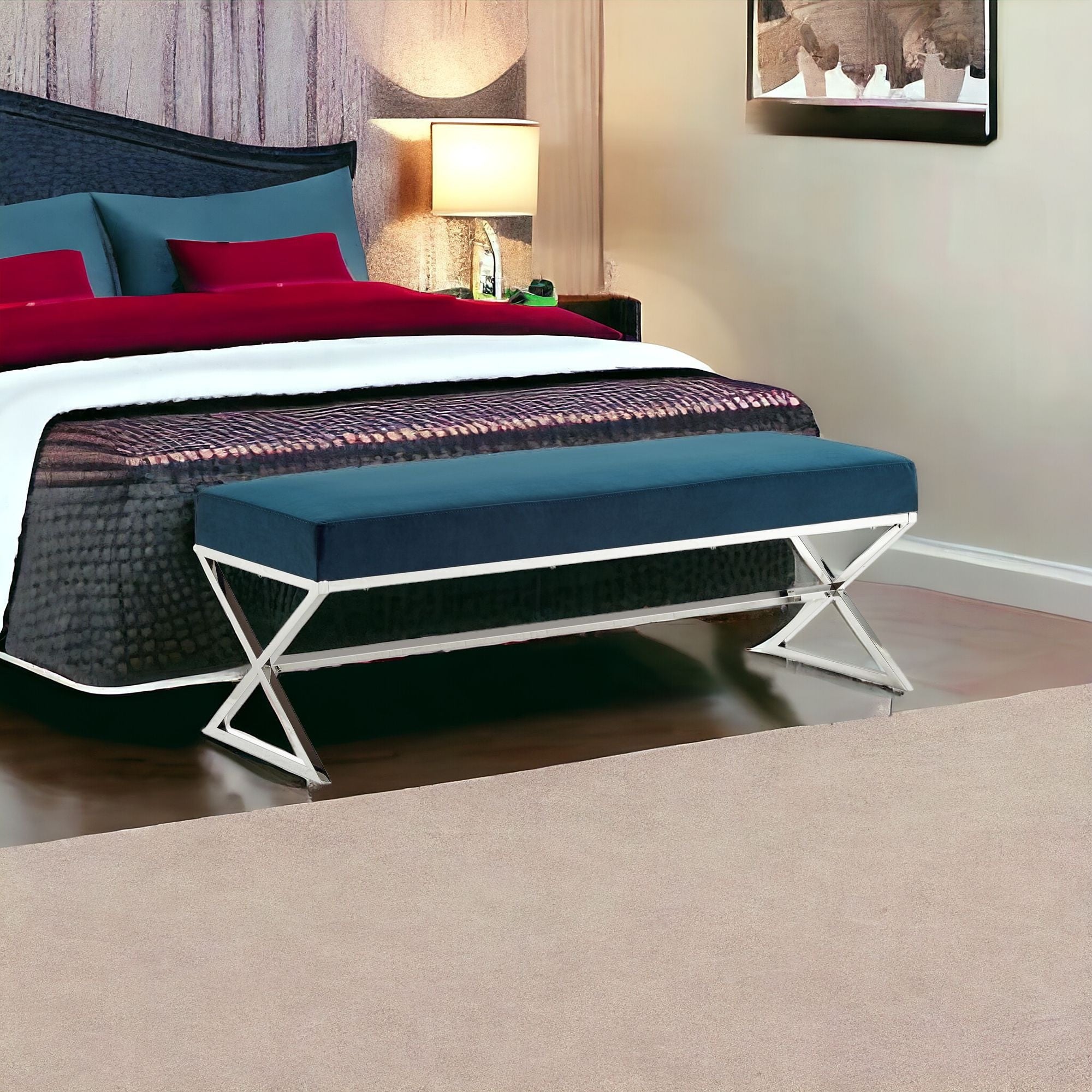 48" Navy Blue And Silver Upholstered Velvet Bench