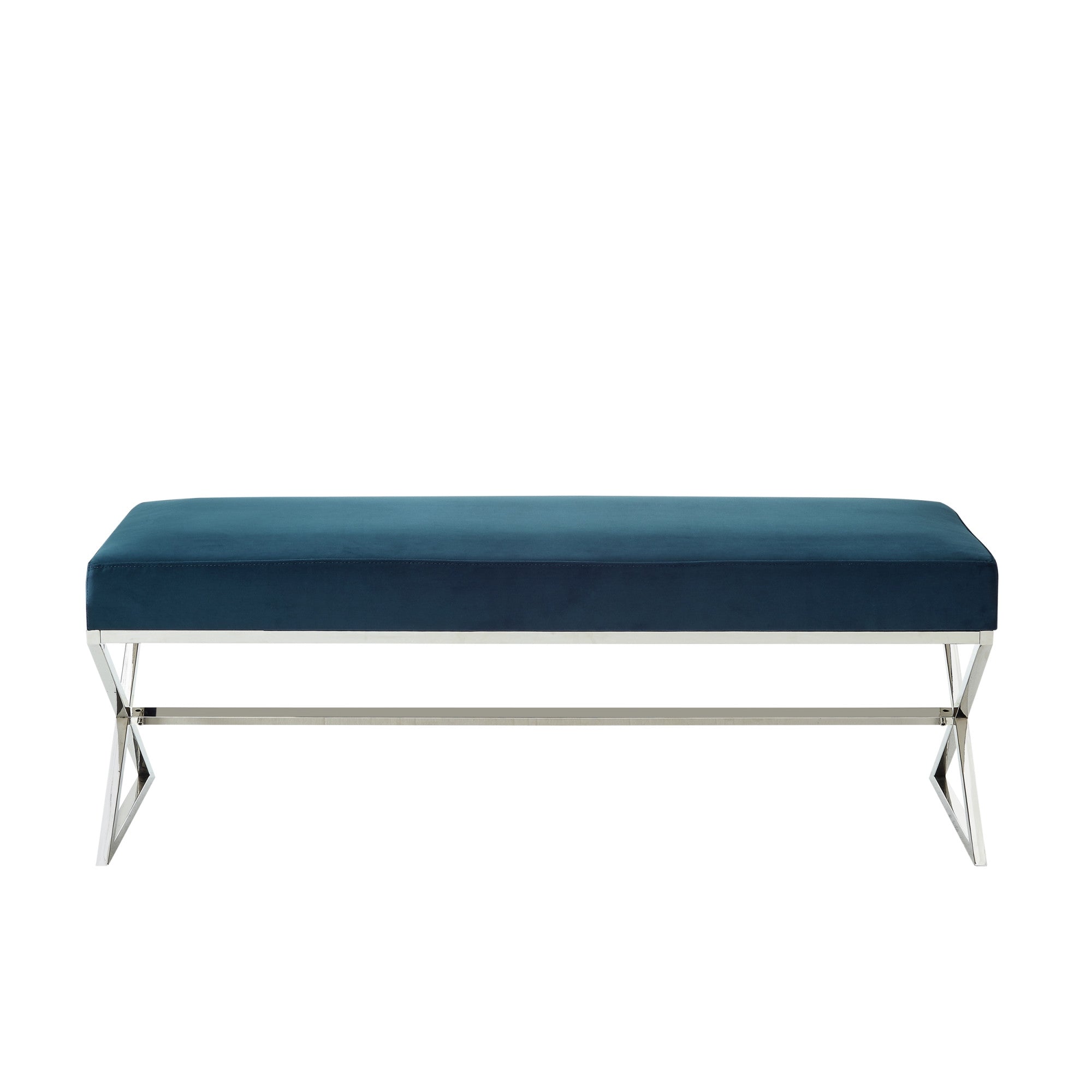 48" Navy Blue And Silver Upholstered Velvet Bench