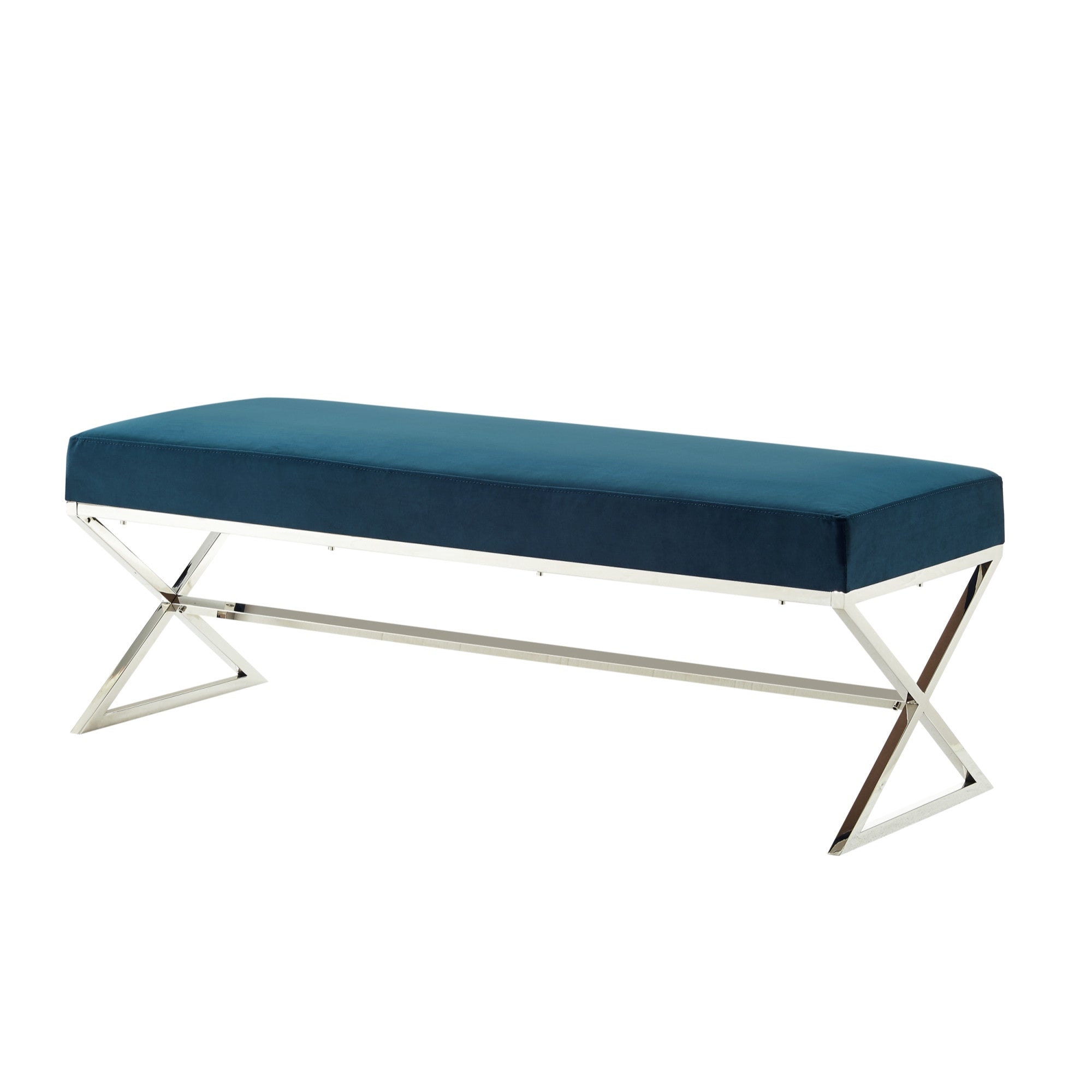 48" Navy Blue And Silver Upholstered Velvet Bench