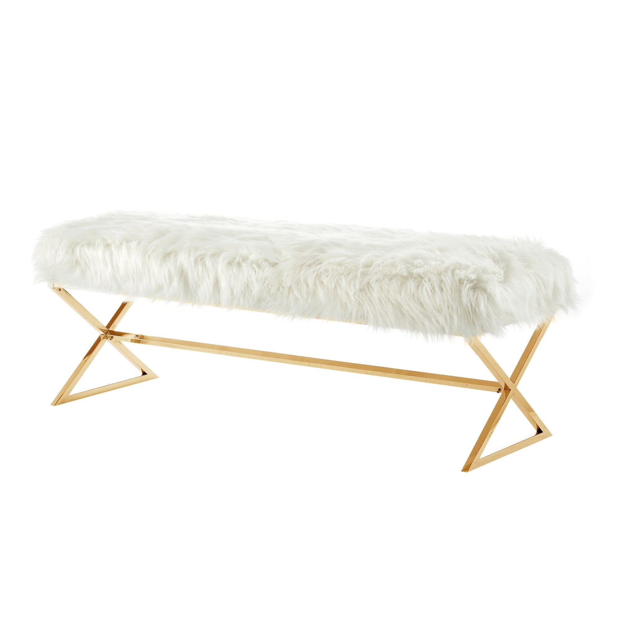 48" White And Gold Upholstered Faux Fur Bench