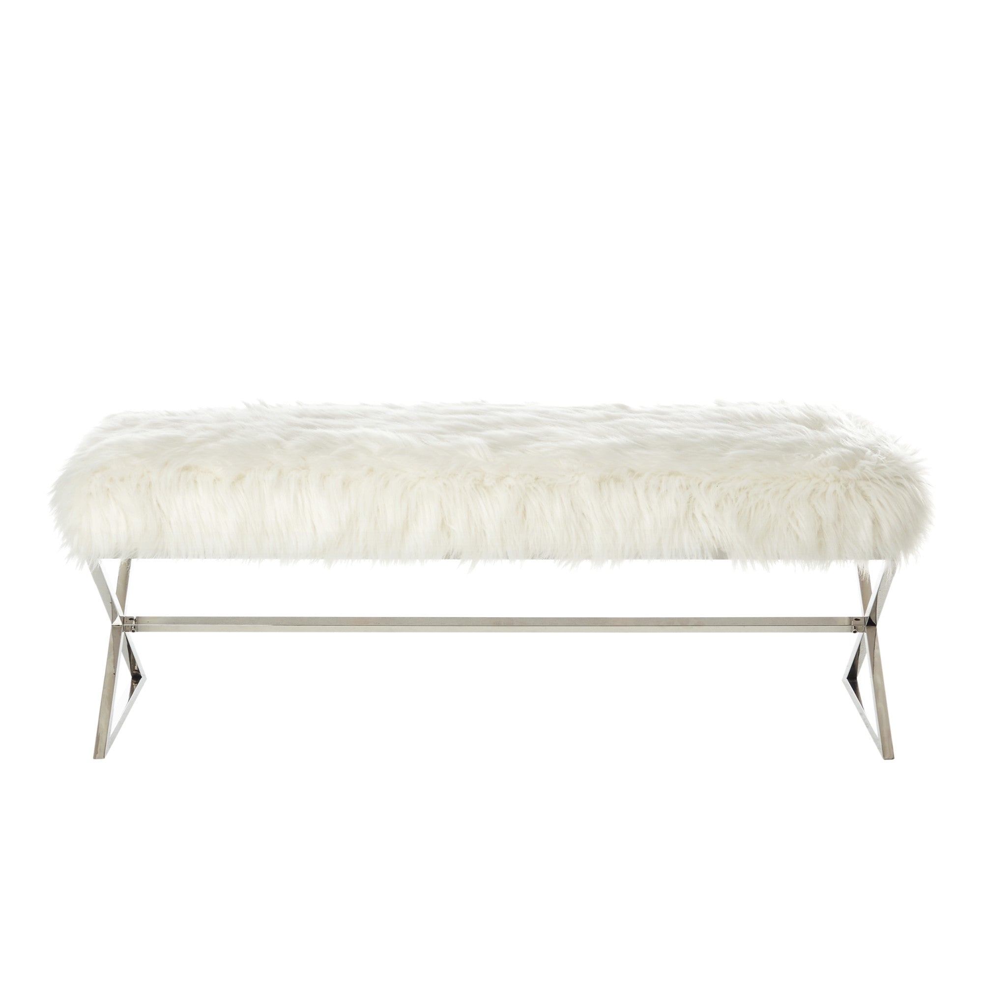 48" White And Silver Upholstered Faux Fur Bench