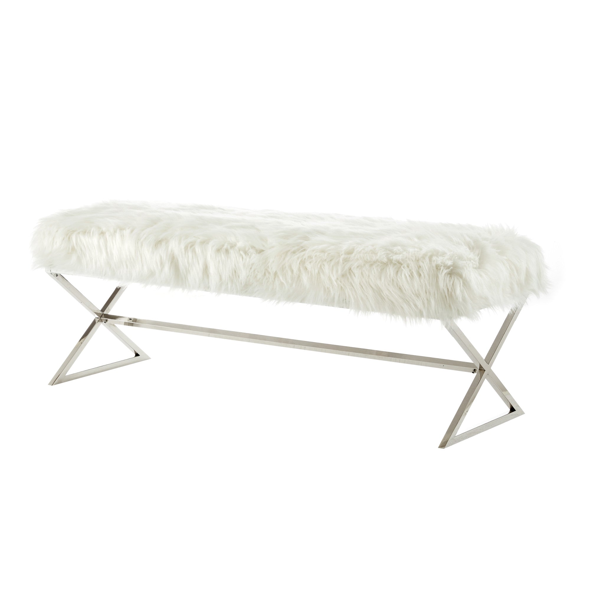 48" White And Silver Upholstered Faux Fur Bench