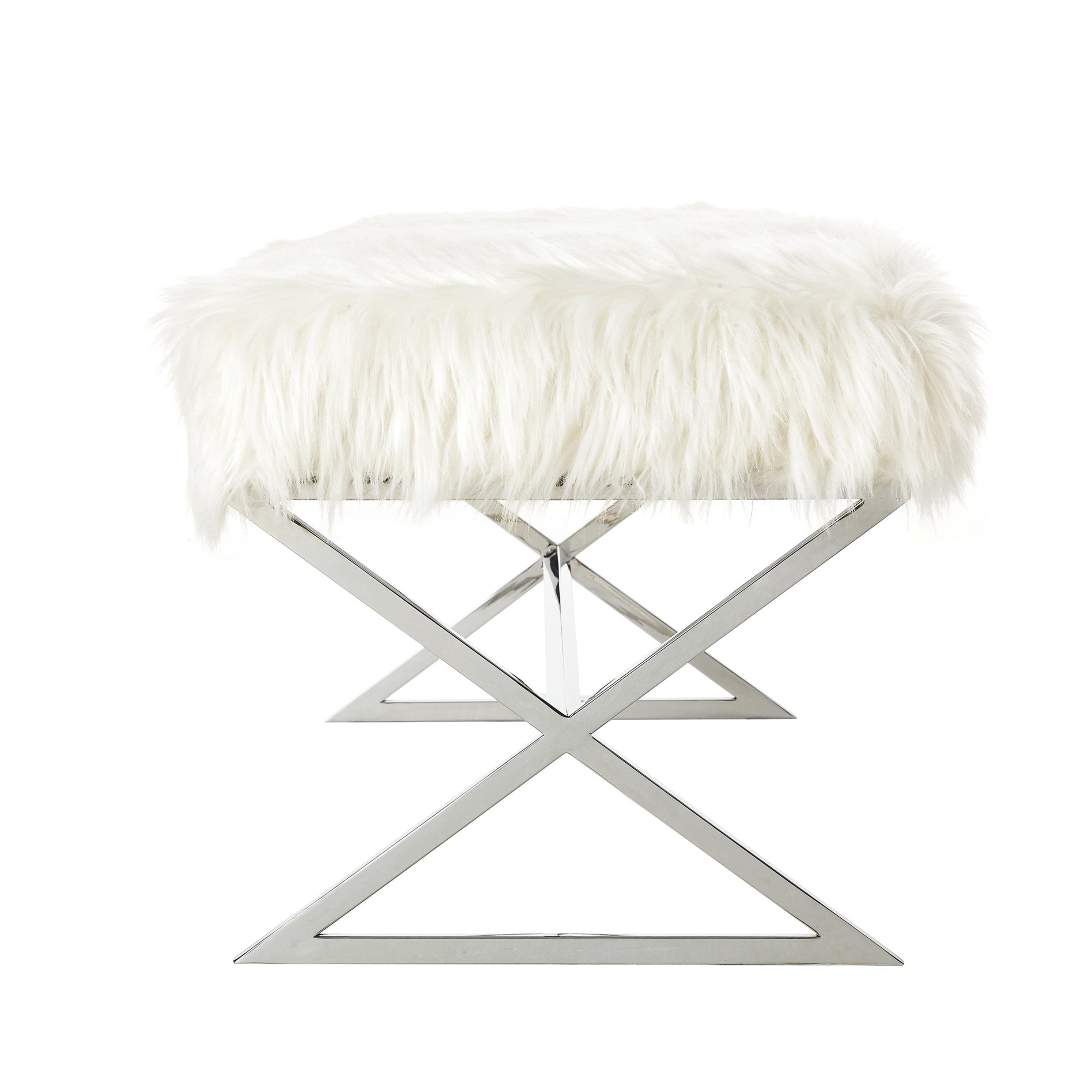 48" White And Silver Upholstered Faux Fur Bench