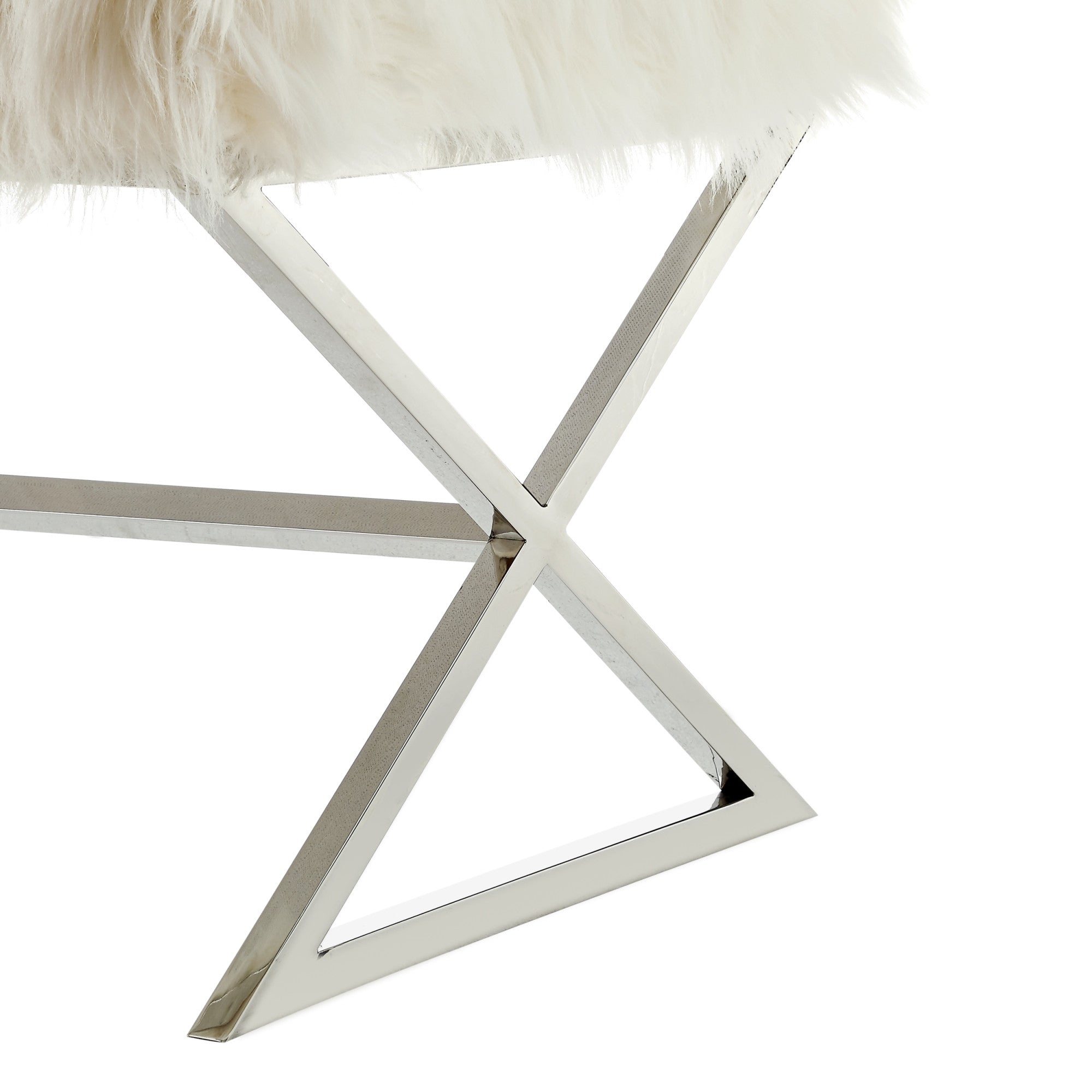 48" White And Silver Upholstered Faux Fur Bench