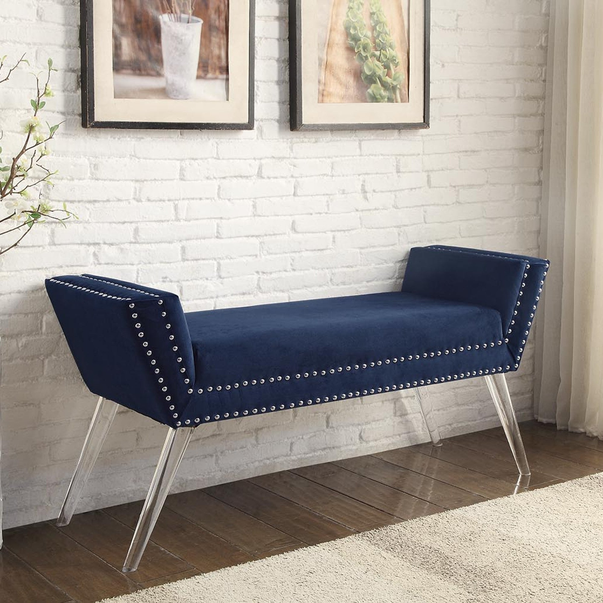 45" Navy Blue And Clear Upholstered Velvet Bench
