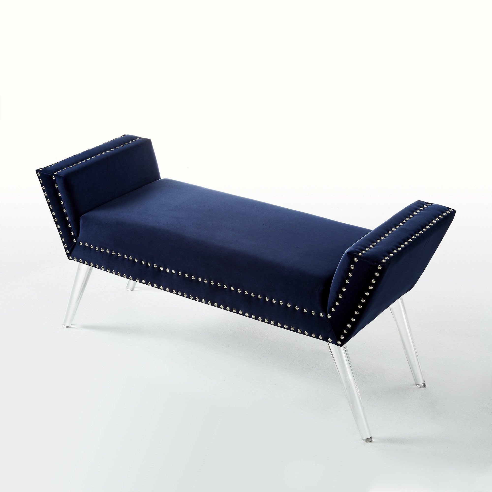 45" Navy Blue And Clear Upholstered Velvet Bench