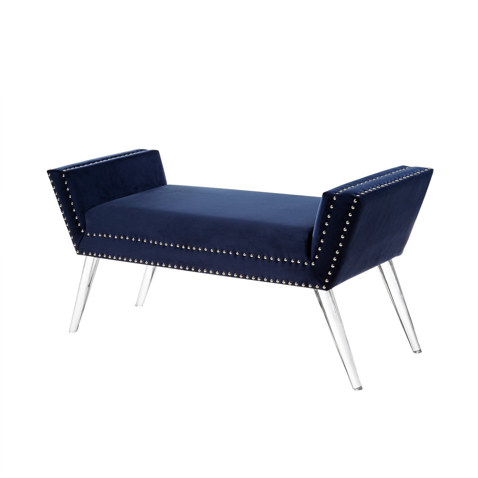 45" Navy Blue And Clear Upholstered Velvet Bench