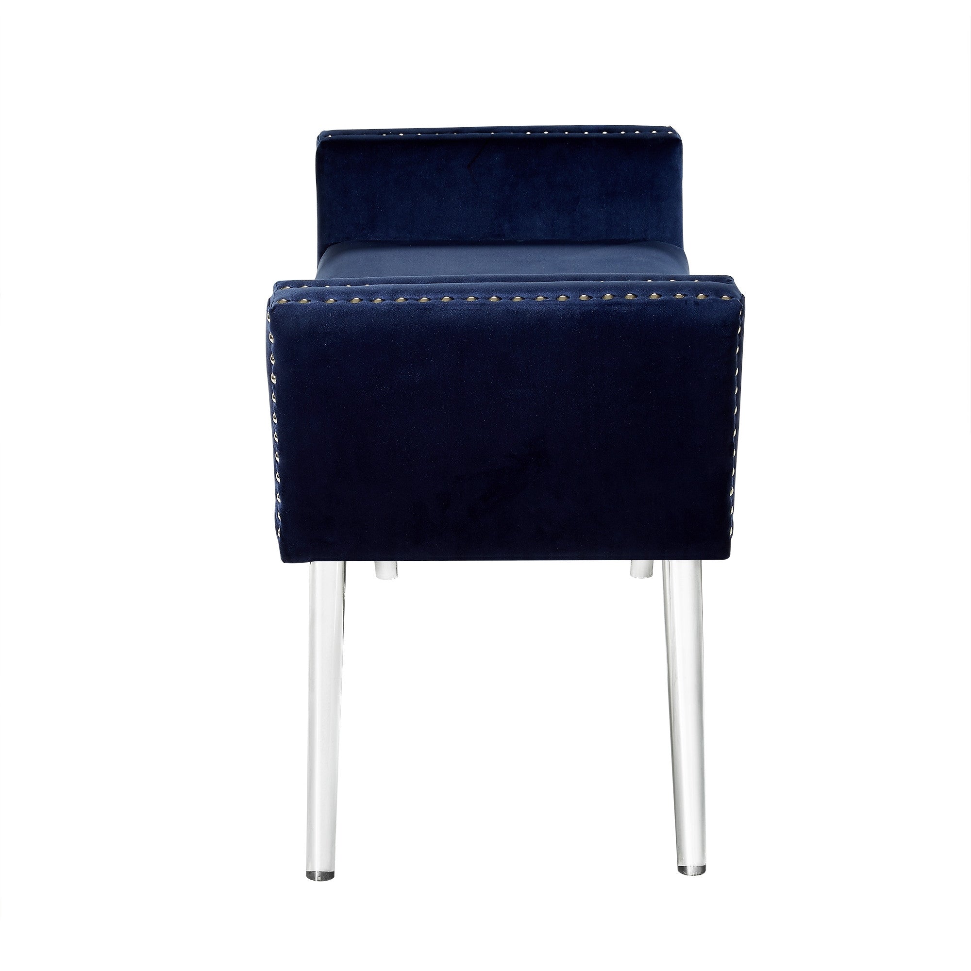 45" Navy Blue And Clear Upholstered Velvet Bench