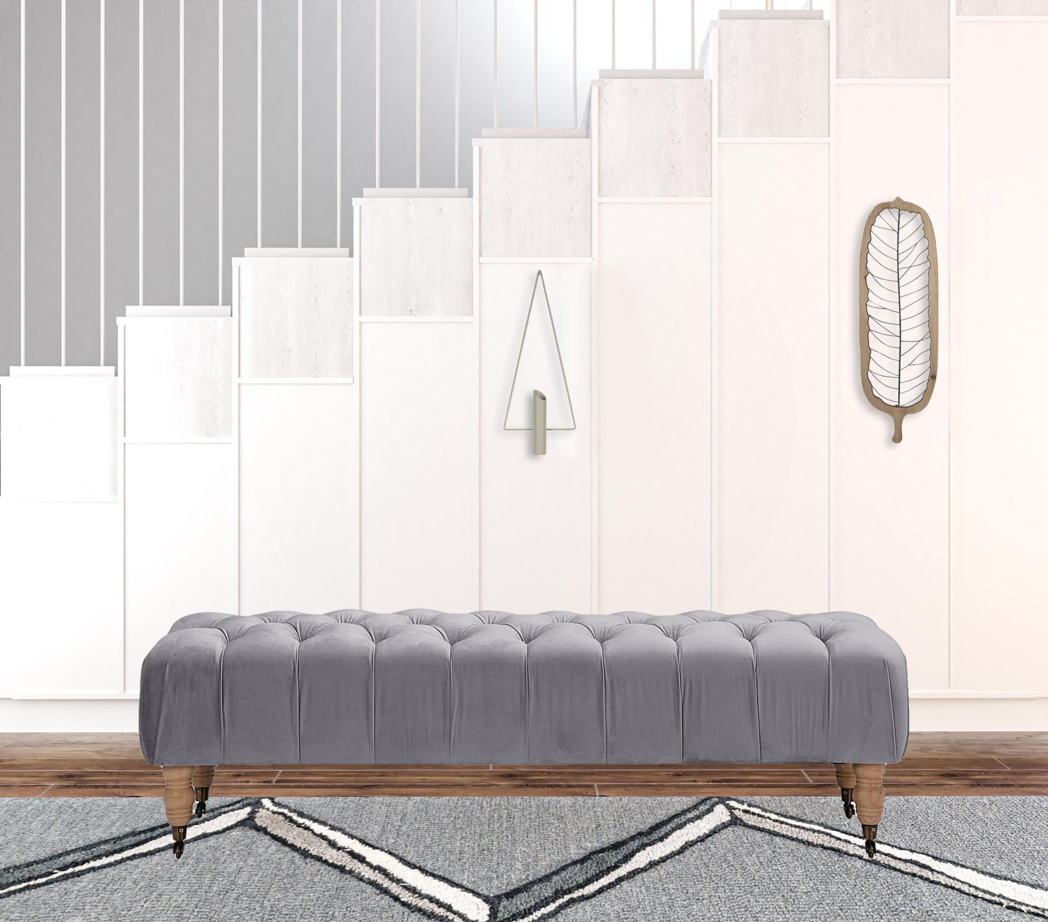 60" Gray And Brown Upholstered Velvet Bench