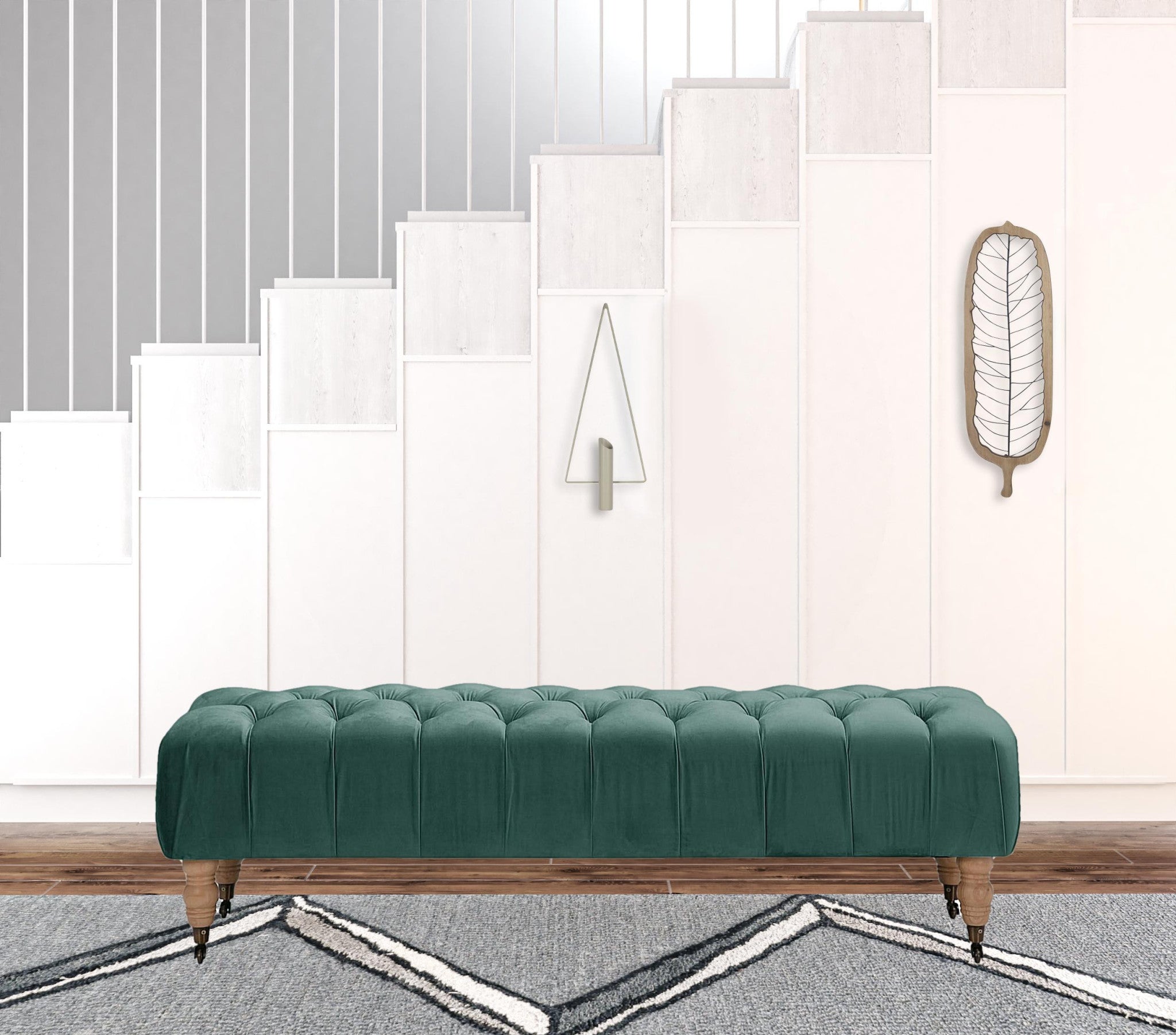 60" Hunter Green And Brown Upholstered Velvet Bench