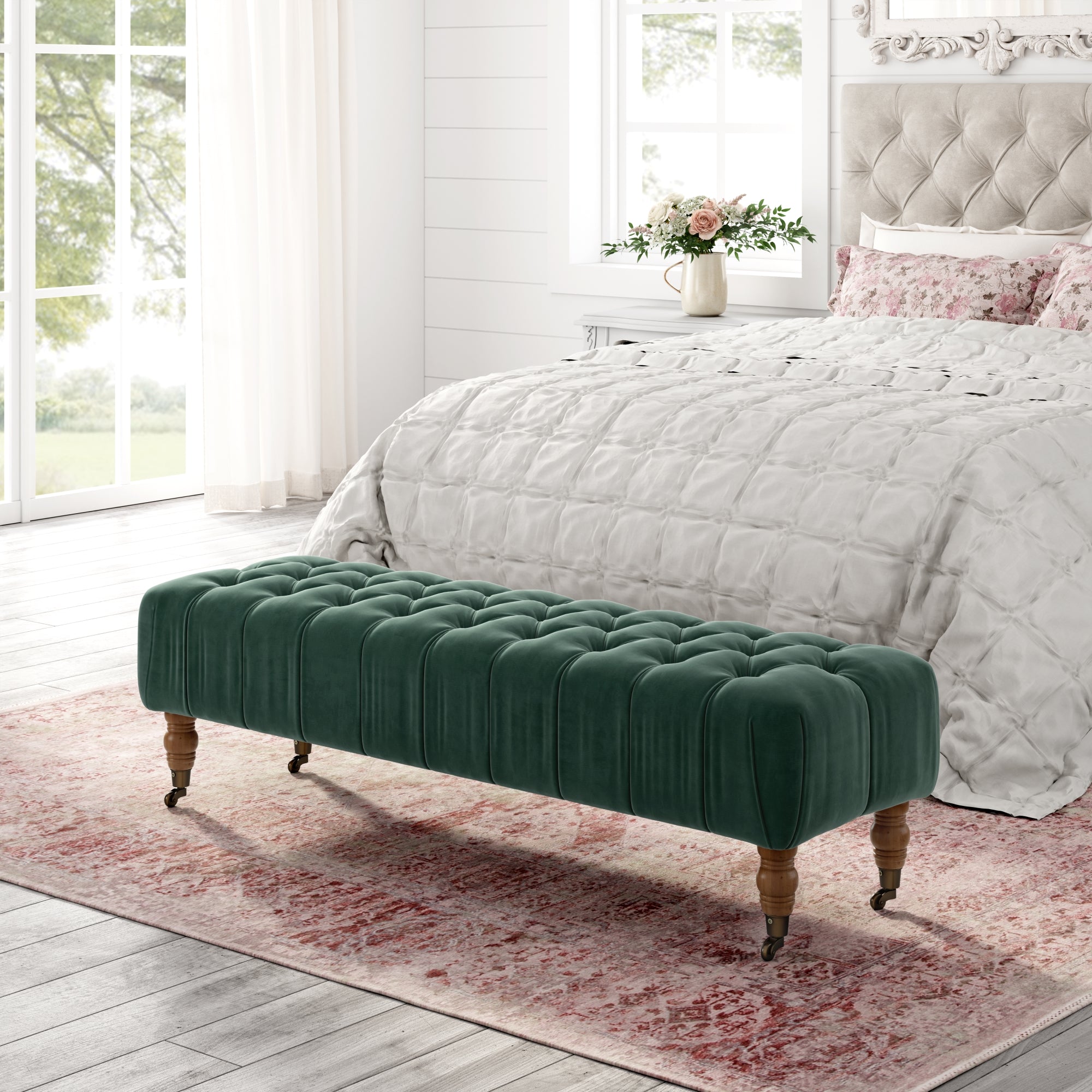 60" Hunter Green And Brown Upholstered Velvet Bench