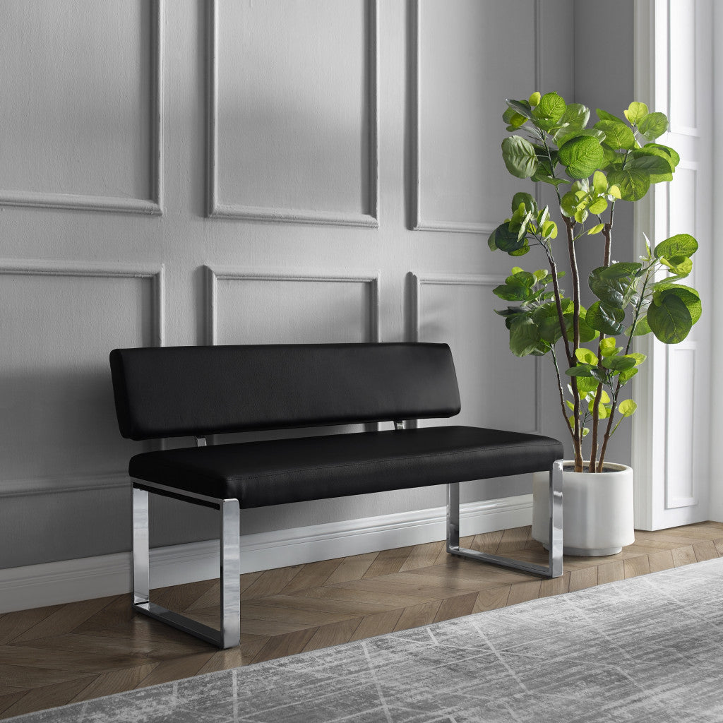 50" Black And Silver Upholstered Faux Leather Bench