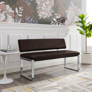 50" Brown And Silver Upholstered Faux Leather Bench