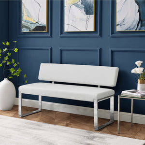 50" White And Silver Upholstered Faux Leather Bench